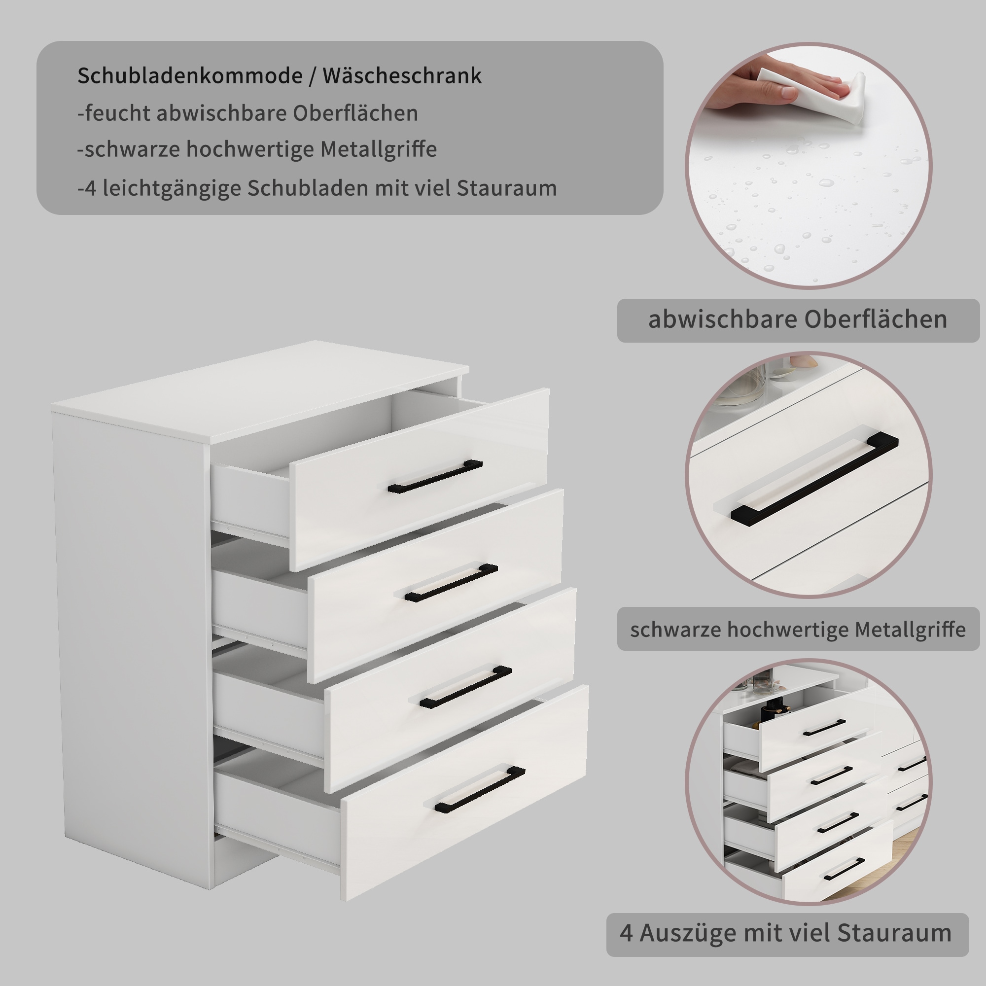 GOODproduct Commode à tiroirs »Sylt Schlafzimmerkommode Kommode Wäscheschrank Bestseller« Viel Stauraum im Schlafzimmer mit hochglänzenden Fronten, 1 cuis tlg. Beistellschrank mit 4 Schubladen