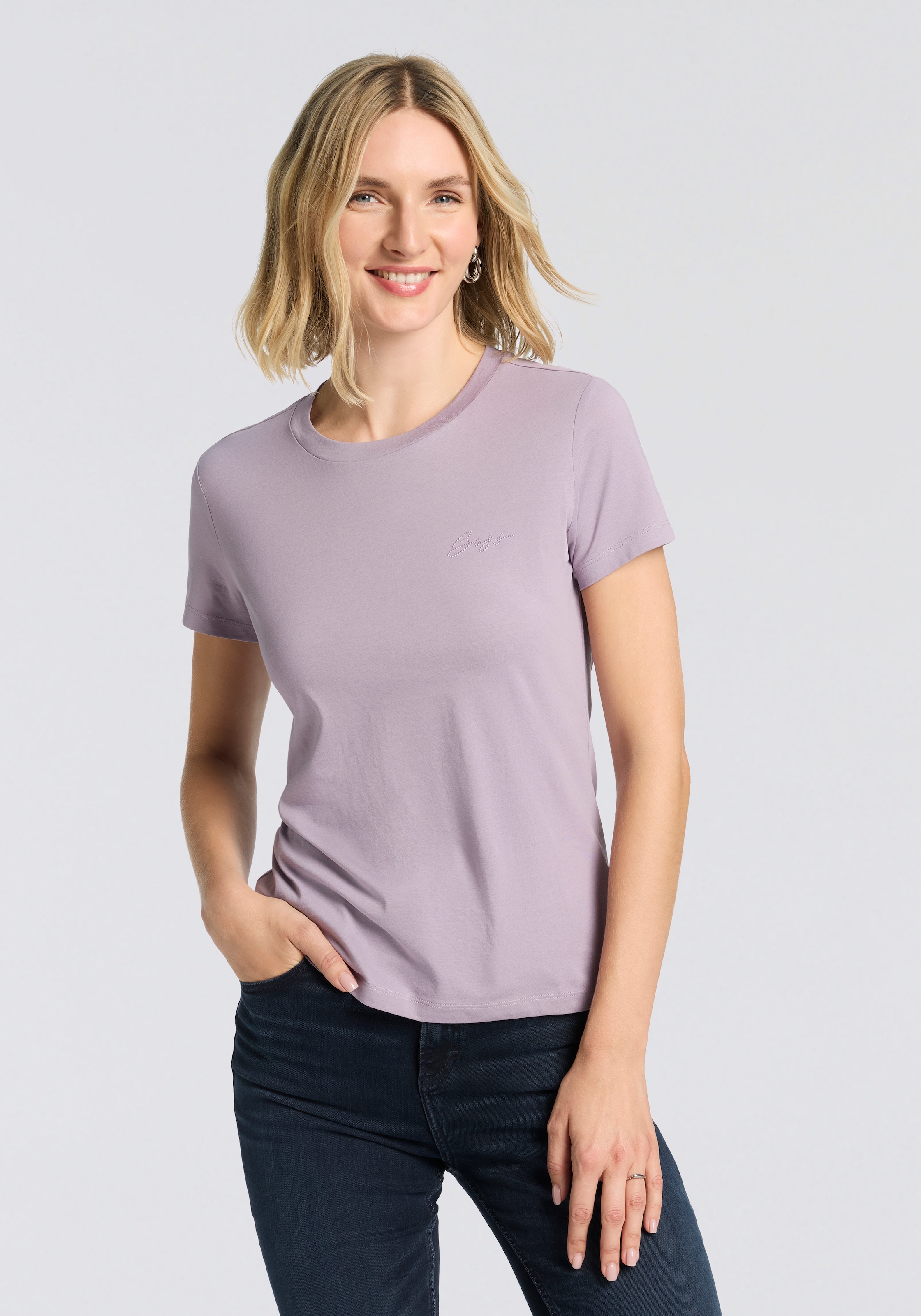 Image of BOSS ORANGE T-Shirt "Esogo Premium Damenmode" mit Rundhals, Strassapplikation