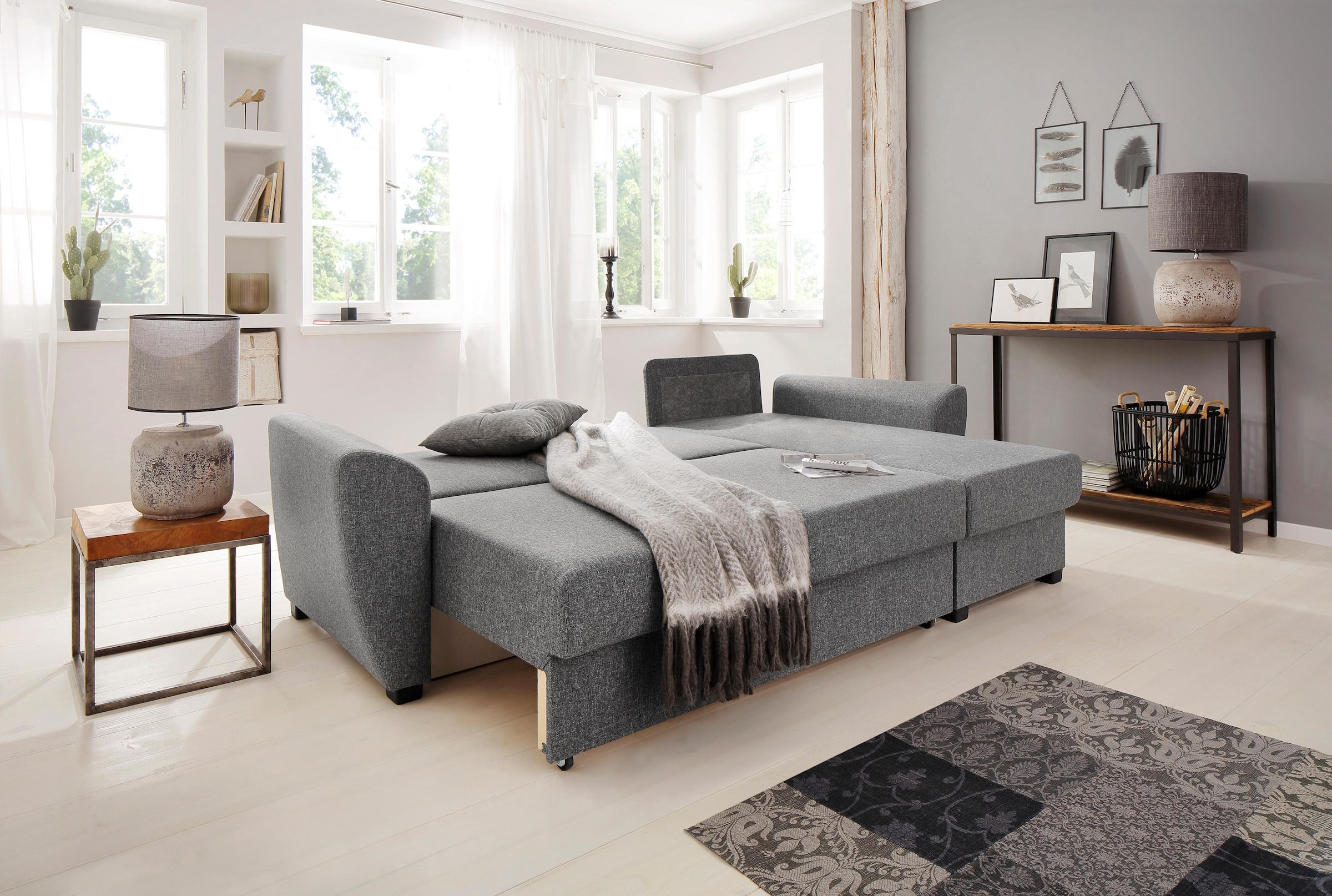 Home affaire Ecksofa »Quin L-Form« mit Bettfunktion, Bettkasten und Zierkissen, mit Federkern
