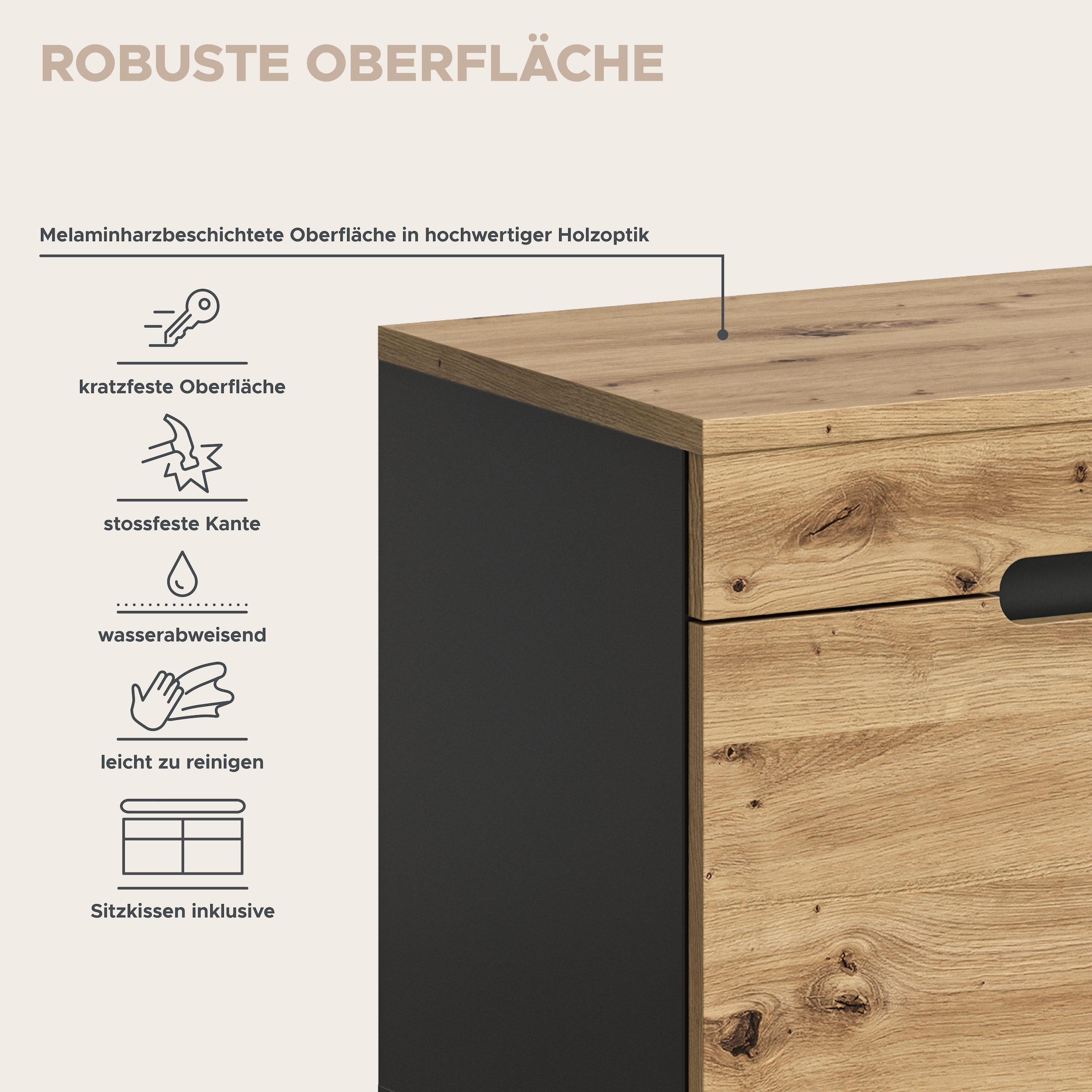 Home affaire Garderoben-Set »REHAT, TOPSELLER!, 6-teilig, Breite 255 cm, individuell erweiterbar« Set, Schrank, Sitzbank, Sitzkissen, Paneel, Hakenleiste, Spiegel, Kommode, 6 Stk. tlg.