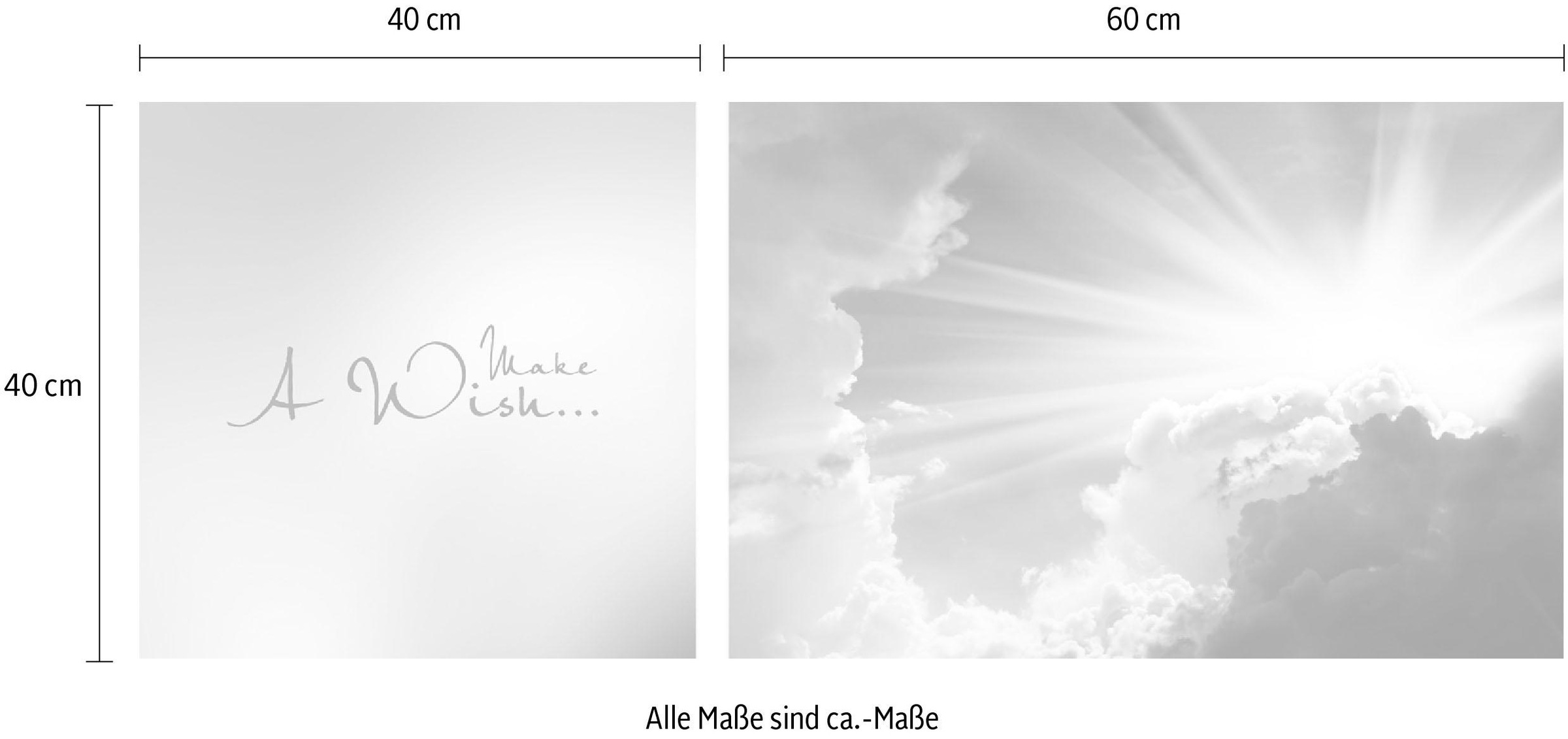 queence Leinwandbild »Wish«, Himmel-Himmelsbilder-Kunst-Modern-Spa-Spa Bilder-Sprüche-Sprüche & Texte-Schriftzug-Schriftzüge-Liebessprüche-Sonnenaufgang, (Set), Premium-Leinwandstoff, Handarbeit aus Deutschland, Spruch, 2er Set