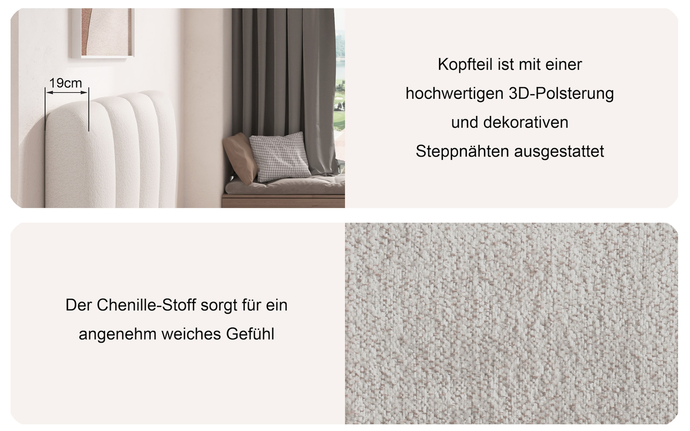 GOODproduct Lit rembourré »MERLINDA, Stauraumbett mit Lattenrost und Bettkasten, Chenille-Bezug« tête de lit et cadre fortement rembourrés, surface de couchage 140x200 / 180x200 cm