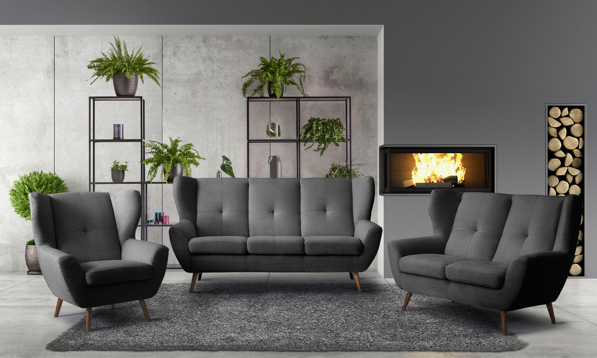 exxpo - sofa fashion 3-Sitzer »ALVESTA, Loungesofa, Küchensofa, hoher Sitzkomfort, Ohrenbackensofa«, gemütliche Rückenlehne, mit Knopfheftung und hohen Holzfüssen, in Cord