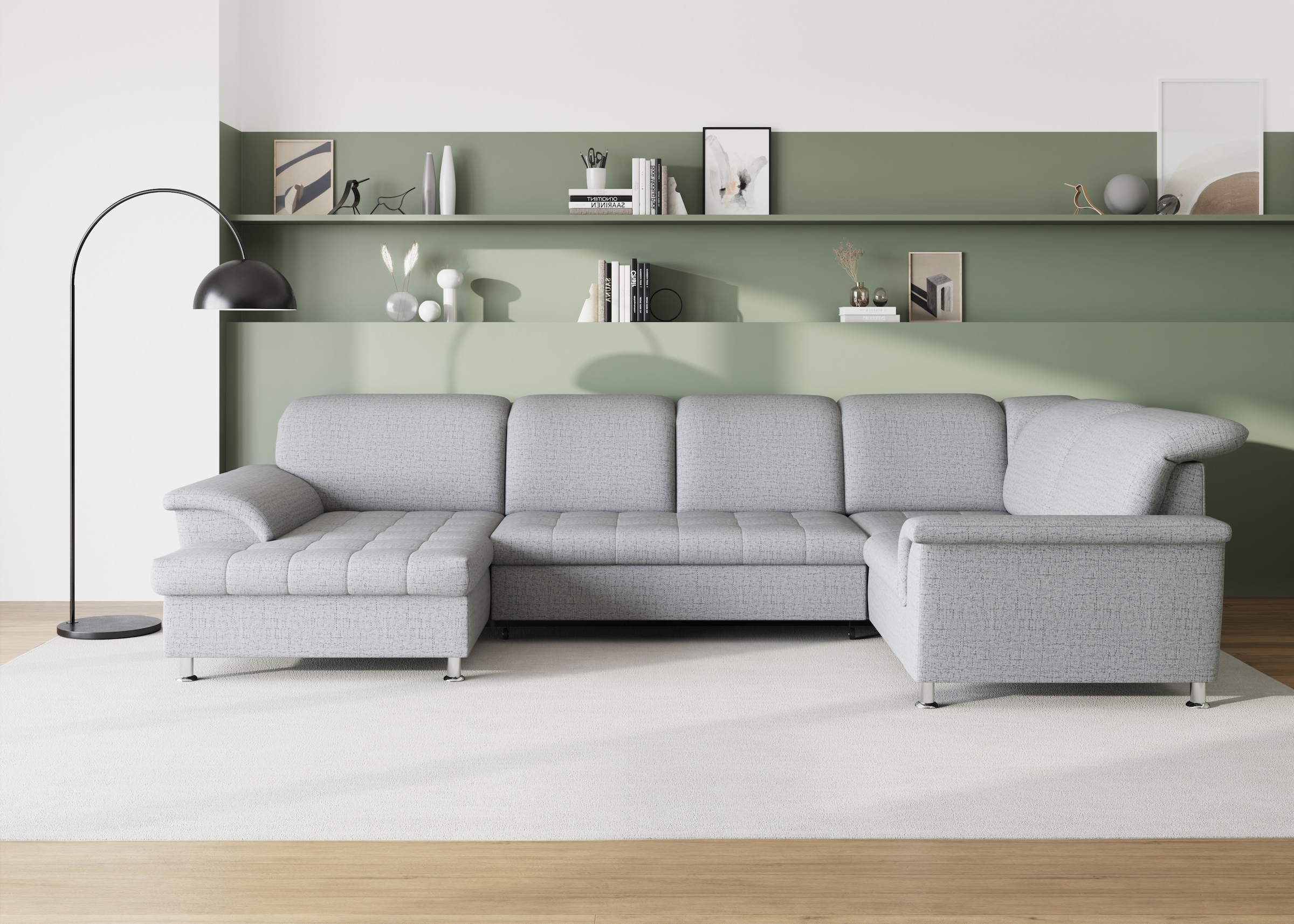 Image of DOMO collection Wohnlandschaft "FRANZI optional mit Bettfunktion, Bettkasten & Kopfteilverstellung" U-Form, Recamiere links, silber, B/T: 352/214cm