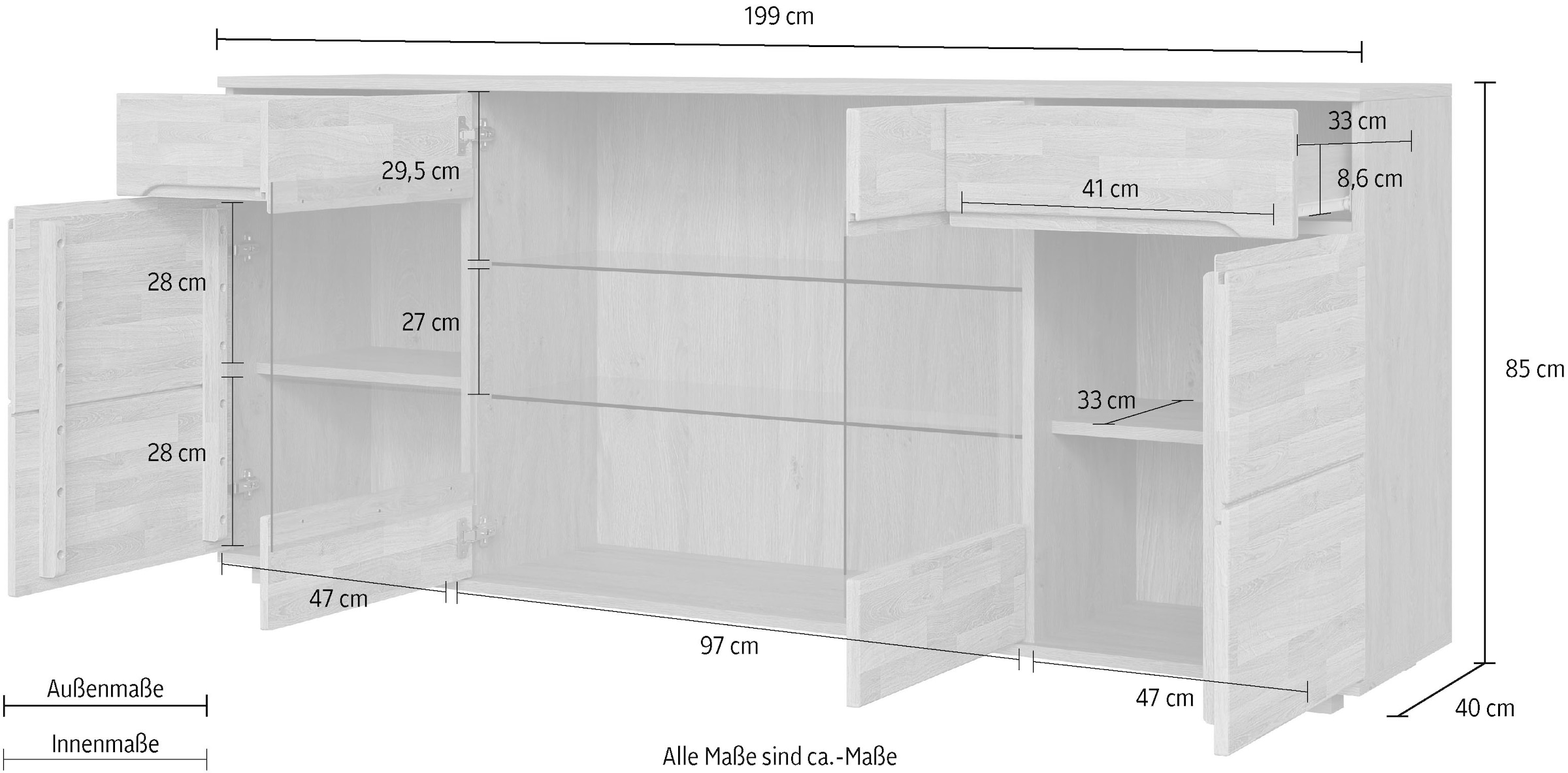 GOODproduct Sideboard »VETRO Teilmassiv, Fronten Massivholz, Wohnzimmer, Stauraum,Griffmulde« B/T/H:199/40/85cm, 2 Schubladen,  7Fächer