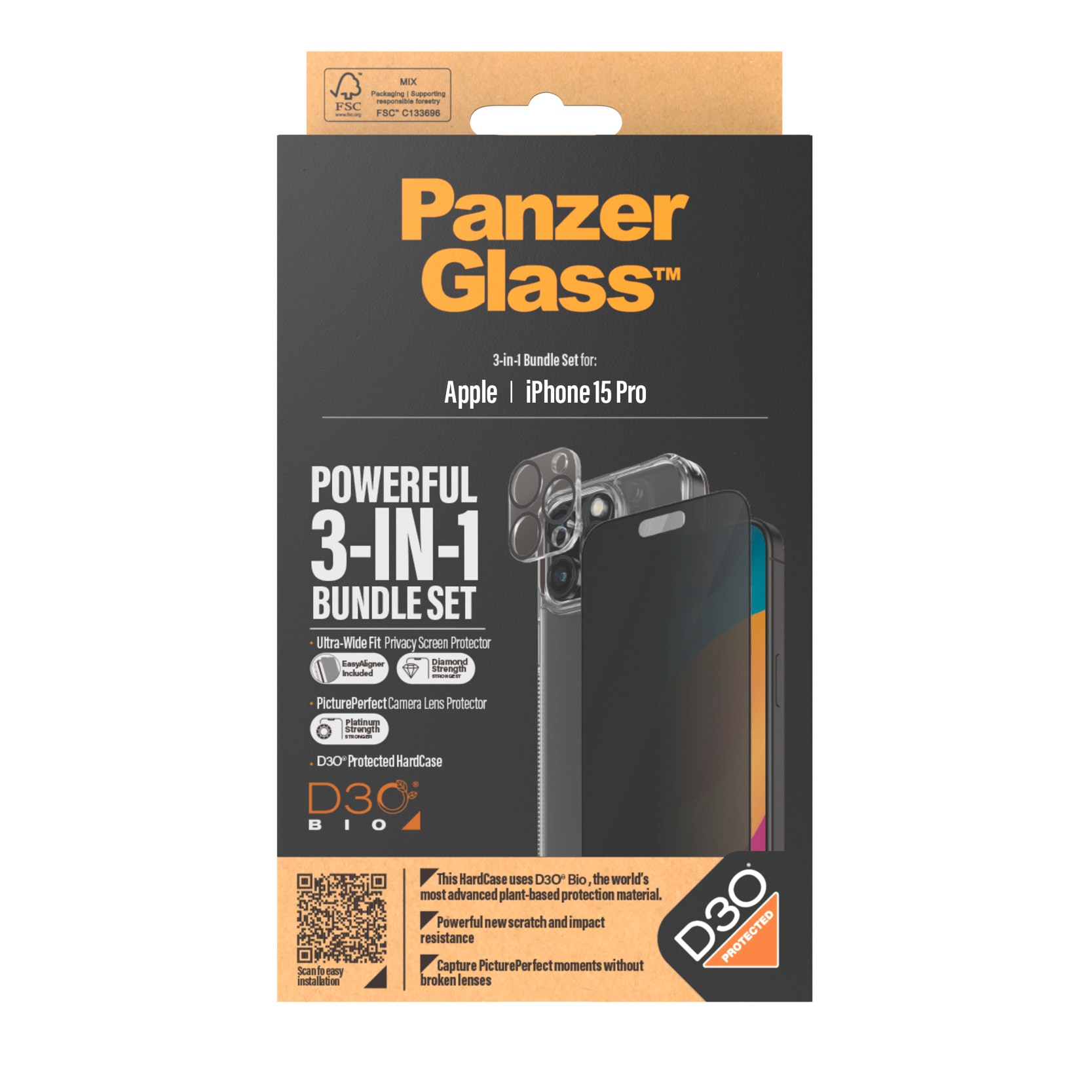 PanzerGlass Displayschutzglas »3-in-1-Privacy-Pack Privacy, Camera Protector und Cover«, für iPhone 15 Pro