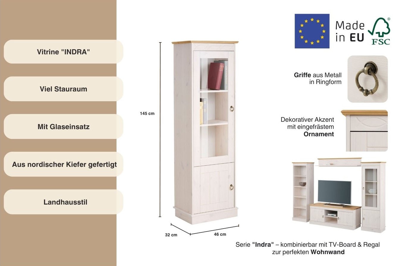Home affaire Vitrine »Indra«, aus massiver Kiefer, FSC®, 2trg., Höhe 145 cm, dezentes Ornament
