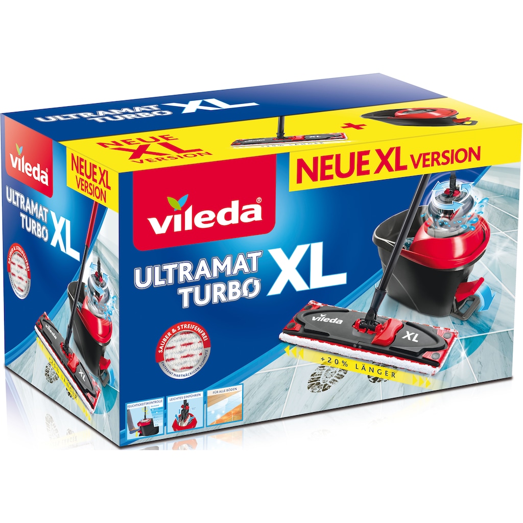 Vileda Bodenwischer-Set »Ultramax XL Turbo Box«, (Set, 3 St., Stiel, extragrosser Wischbezug, Powerschleuder und Fusspeda)