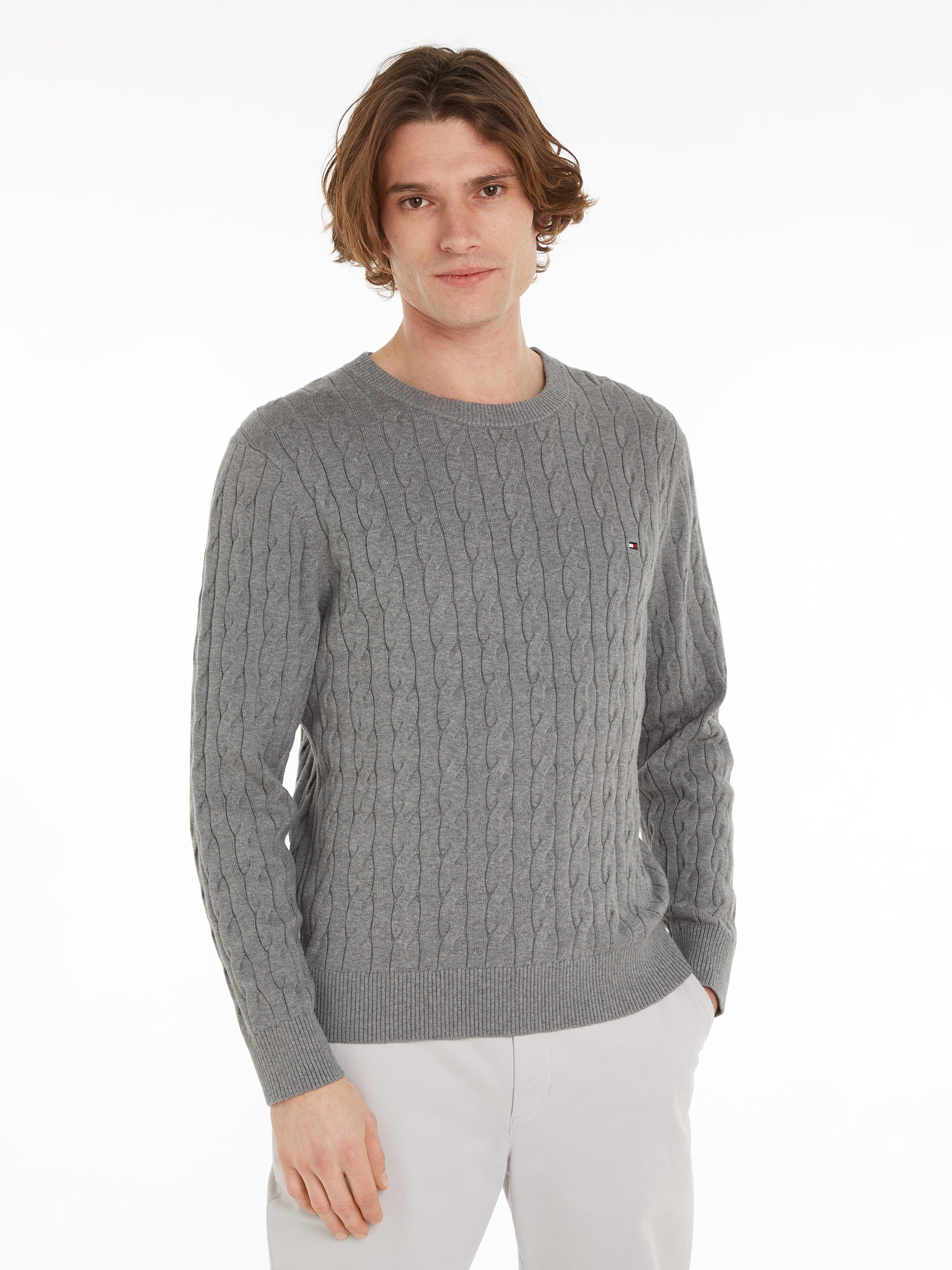 Image of Tommy Hilfiger Strickpullover "CLASSIC CABLE CREW NECK mit Strukturstrick und Flaglabel" unifarben, casual, regular fit, Baumwolle, Rundhals