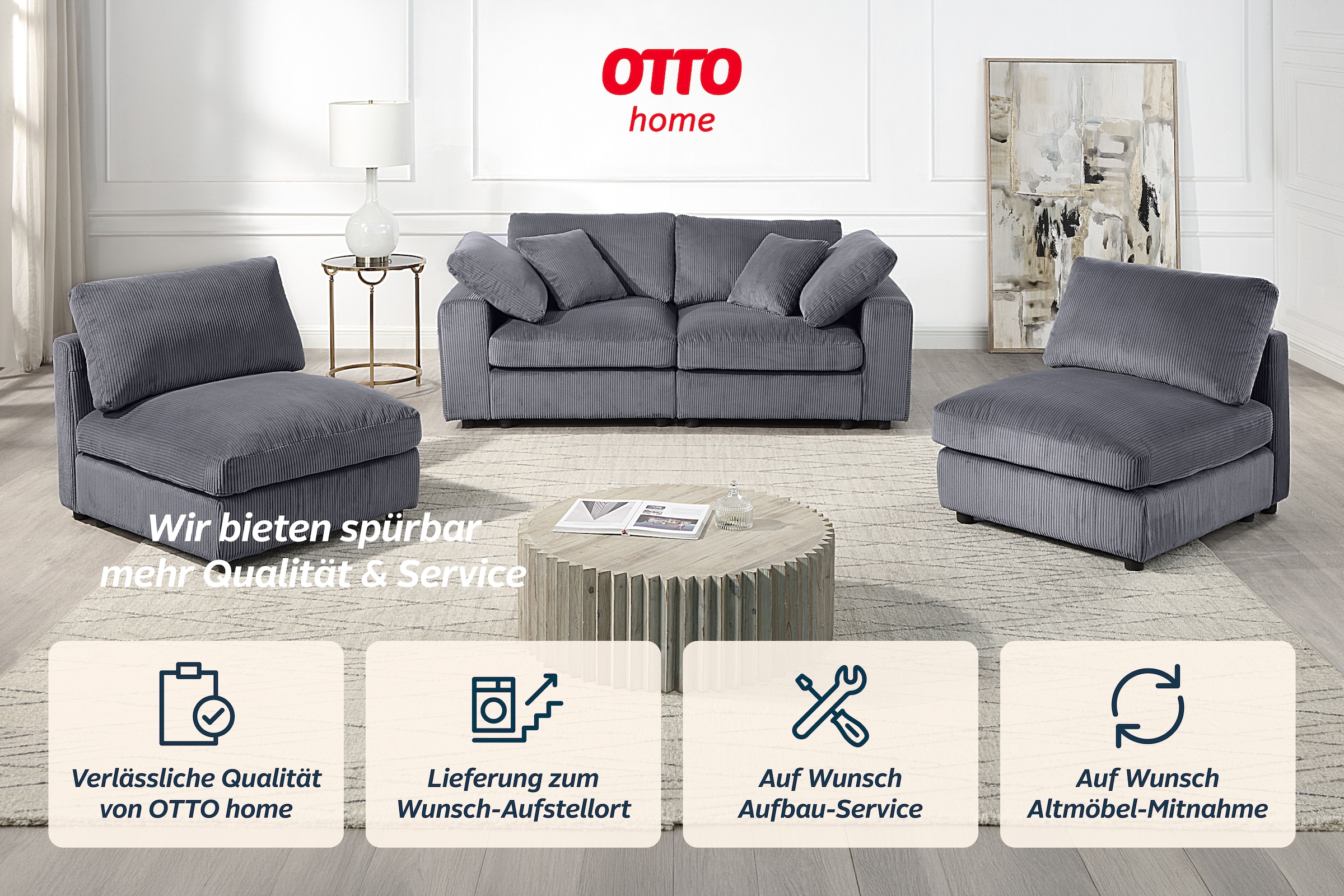 GOODproduct 4 places »Berny, individuell stellbar, modular-Sofa« comprend 2 grands et 2 petits coussins décoratifs en velours côtelé doux