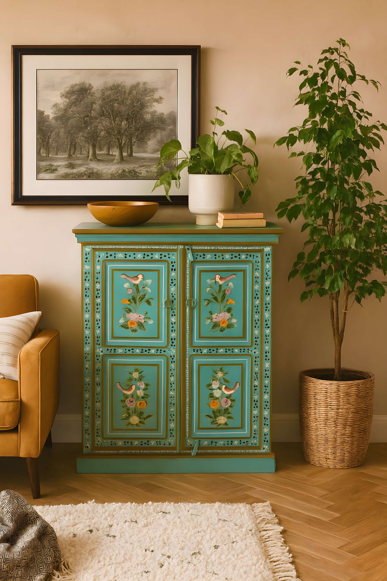 Home affaire Highboard »Prem« mit dekorativen Fräsungen, handbemalt, Unika-Möbel, Breite 87 cm