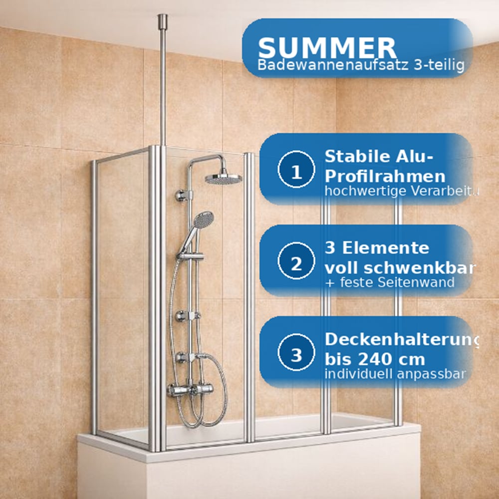 welltime Badewannenaufsatz »Summer 3-teilig + feste Seitewand« 4 Stk. tlg. Deckenhöhe bis 240cm geeignet, Glaswand bestehend aus vier Elementen