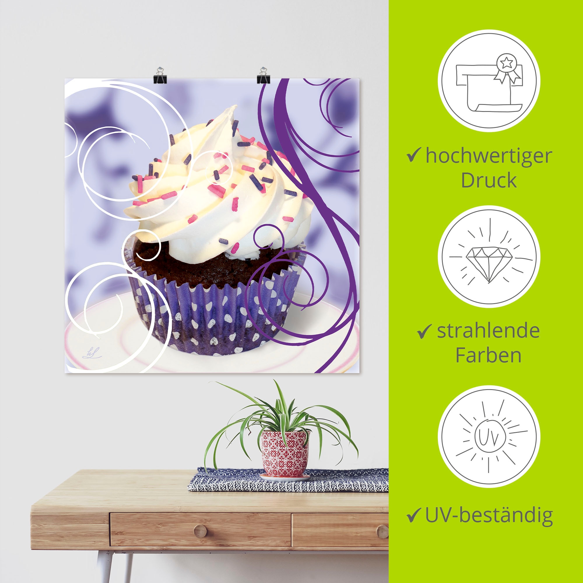 Artland Wandbild »Cupcake auf violett - Kuchen«, Süssspeisen, (1 St.), als Poster, Wandaufkleber in verschied. Grössen