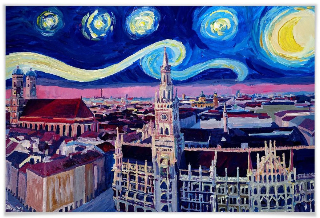 »van St.), Gogh Wandbild, Bild, kaufen jetzt Poster, (1 Wall-Art Poster Wandposter München Stadt, bei Stil Nacht«,