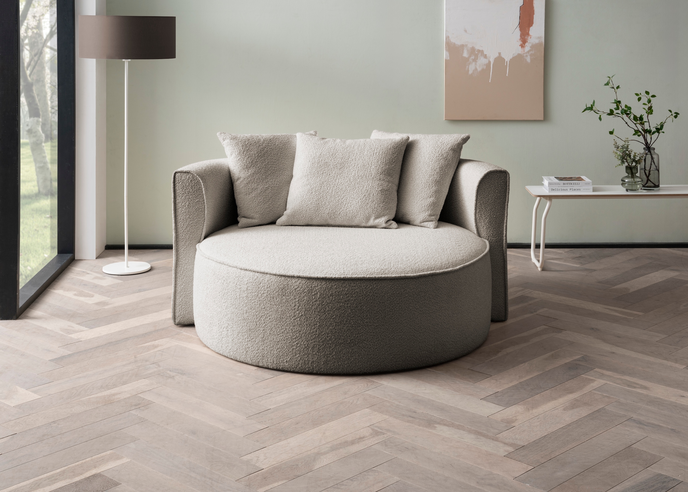 LeGer Home by Lena Gercke Fauteuil XXL »ISALIE Bouclé, Lesesessel, Loveseat, inklusive Zierkissen« surface d'assise extra large, option tabouret, 3 tissus d'ameublement