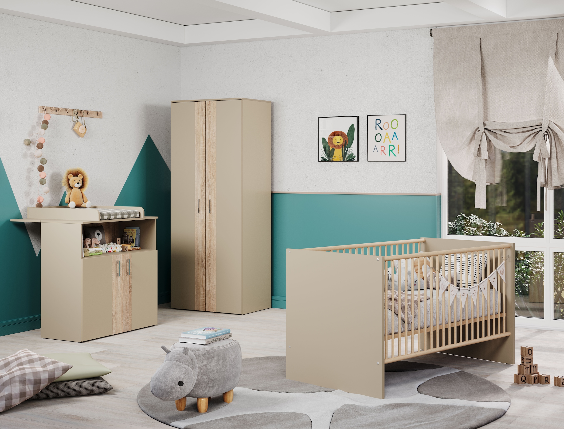 trendteam Babymöbel-Set »Beja«, (Set, 3 tlg.), Gitterbett, Wickelkommode und Kleiderschrank - silberfarbene Griffe