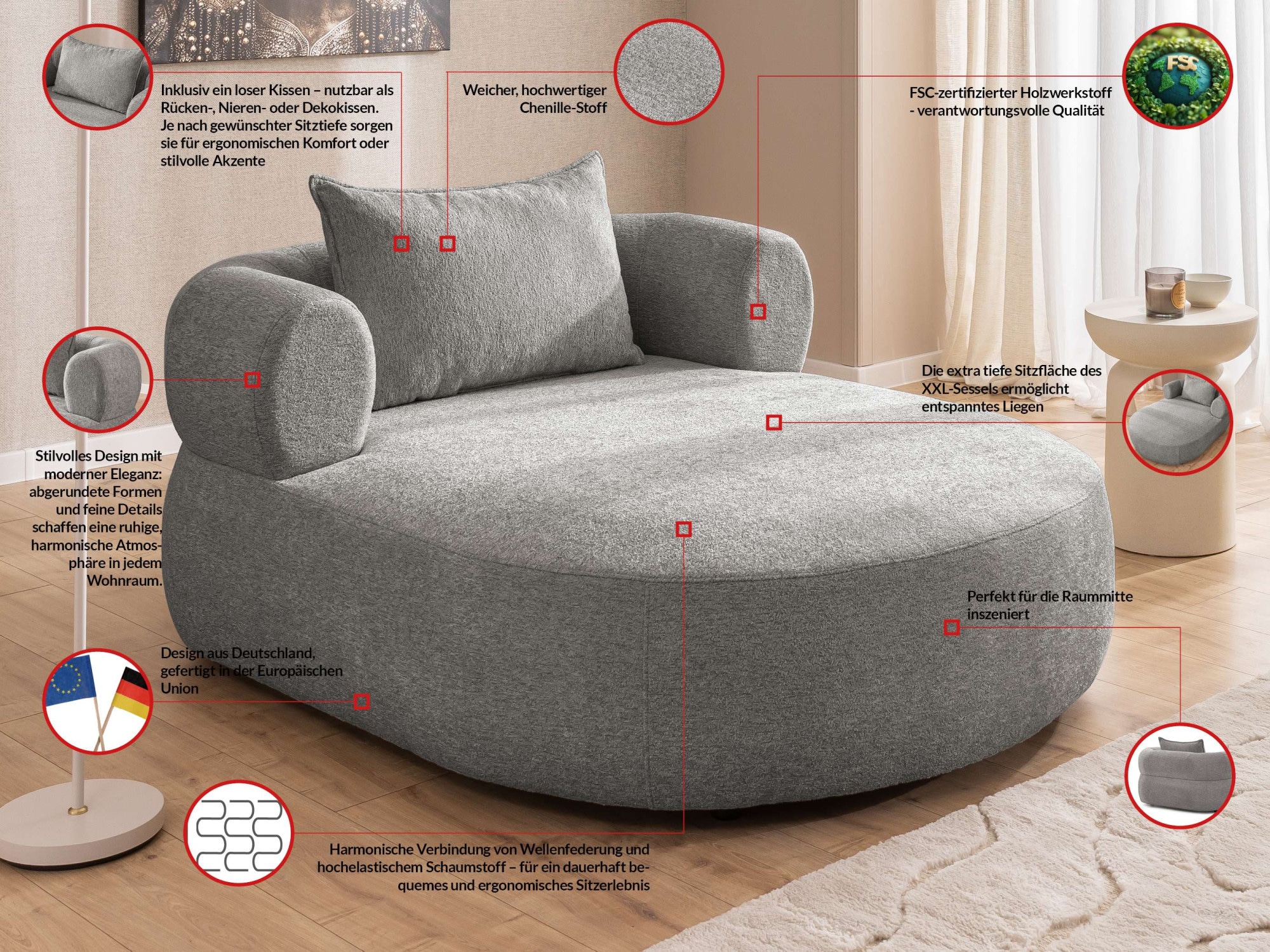 Home affaire XXL-Sessel »LUSSAC Loveseat extra tief, grosse Sitzfläche, Masse B/T/H: 123/158/78cm« hoher Sitzkomfort und modernes Design, Sofa ohne Bettfunktion