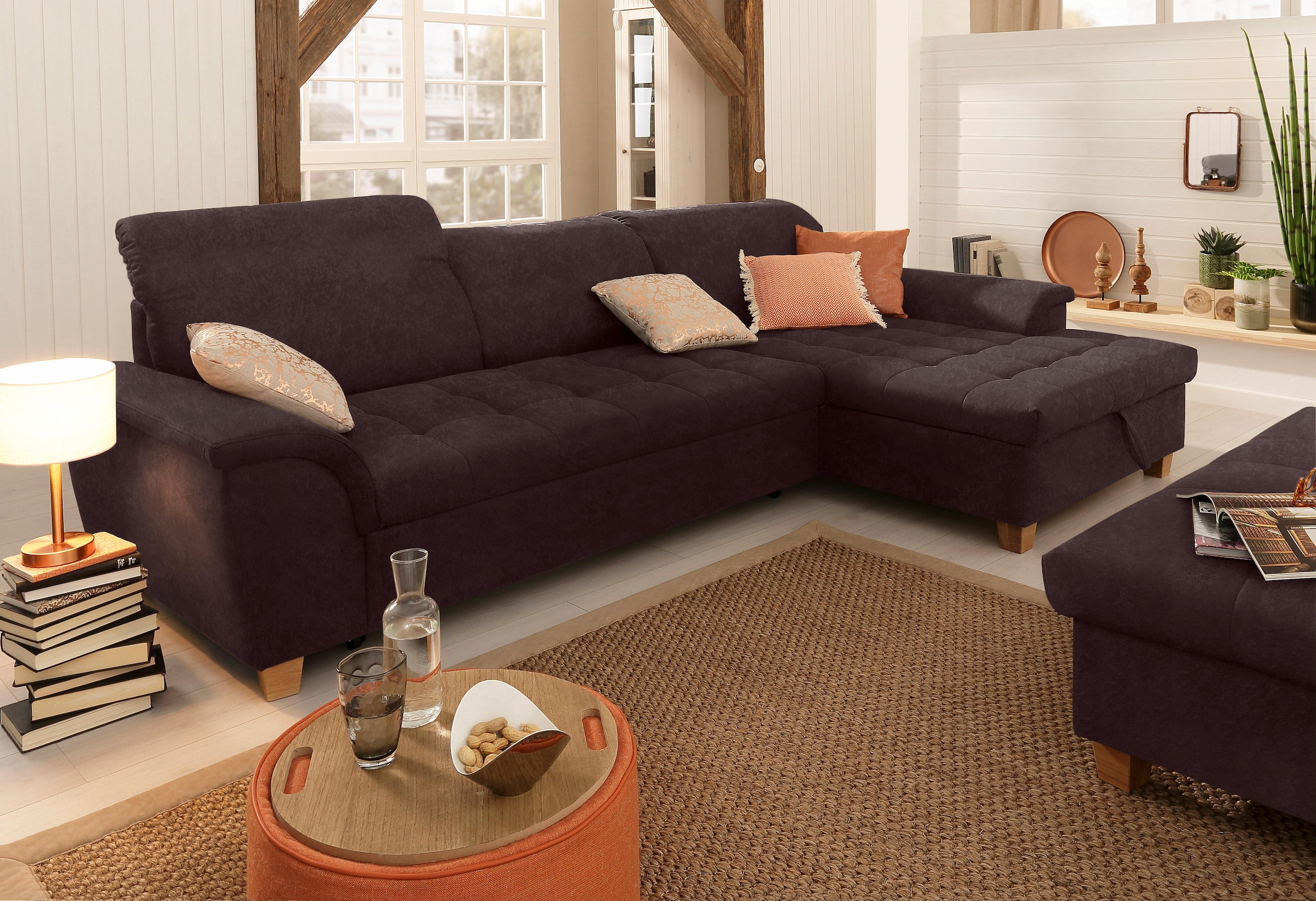 Image of Home affaire Ecksofa "Lyla fester Sitzkomfort, bequeme Armlehnen, Breite 279cm, L-Form" mit Recamiere, wahlweise mit Rückenfunktion und zusätzlich mit Bett