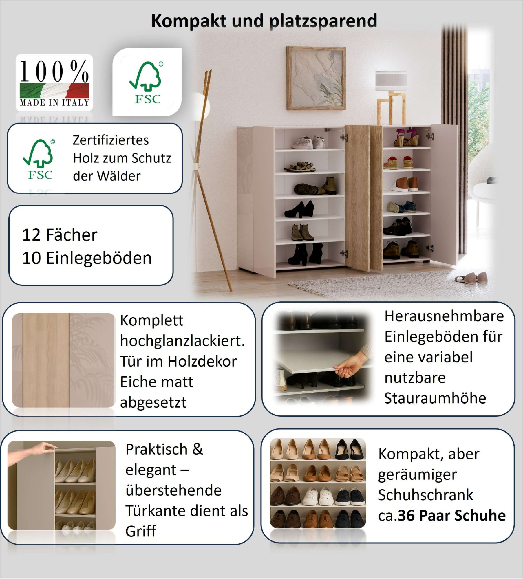 Home affaire Schuhschrank »LADY, Schuhkommode,Schuhmöbel,Schuhablage,Schuhregal« 10 Einlegeböden,12 Fächer,ca. 36 Paar Schuhe-Masse: B/T/H:160x34x115 cm