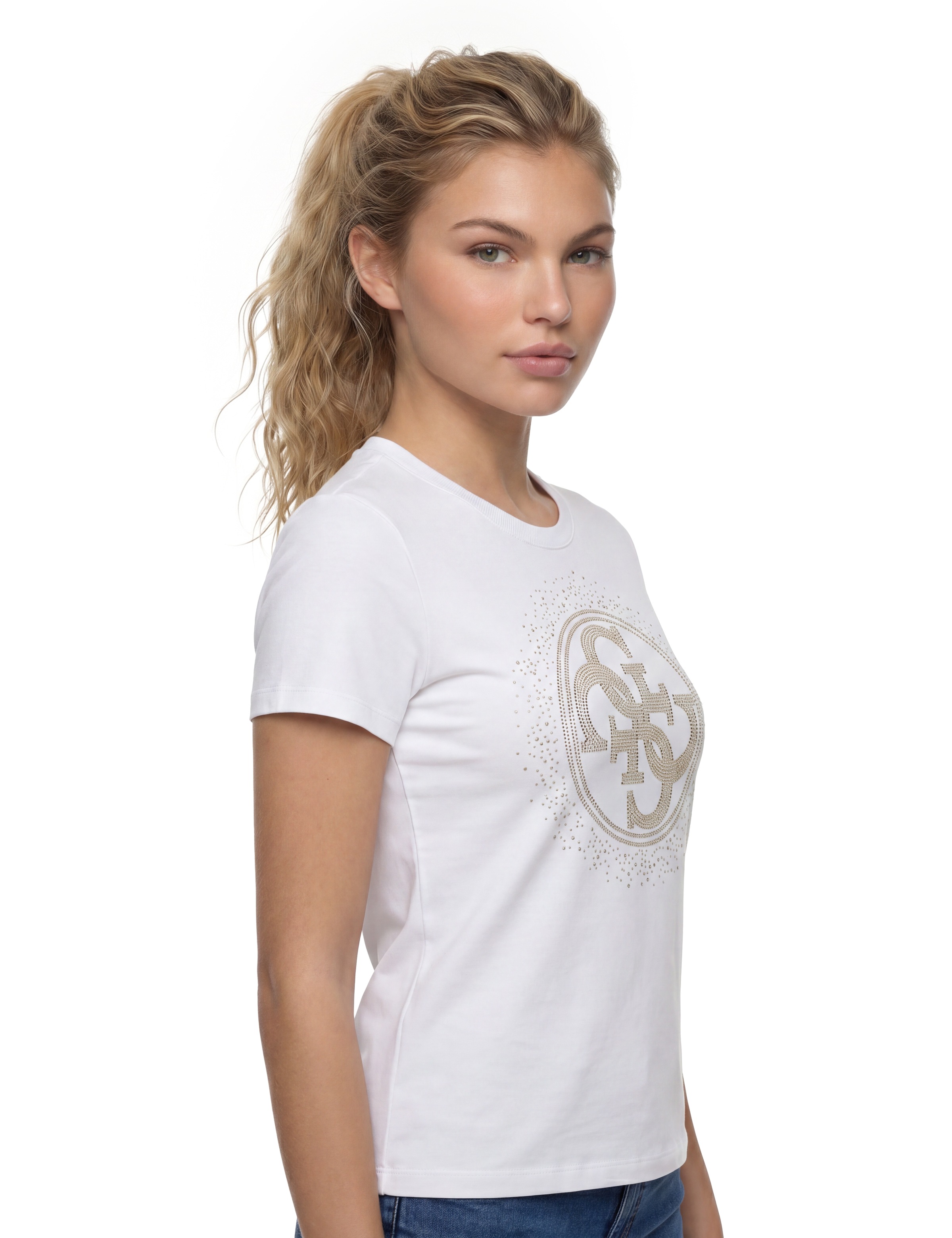 Guess T-Shirt »CN 4G ROUND CRYSTALS LOGO« mit markantem Logodesign, Regular Fit