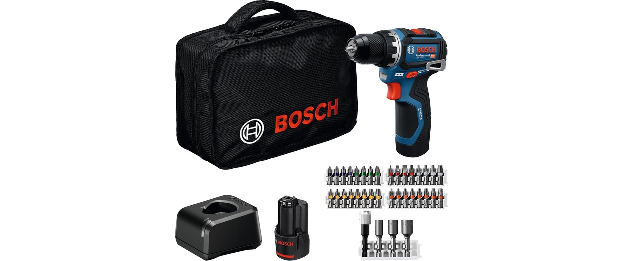 Bosch Professional, Akku-Bohrschrauber »GSR 12 V-32 Kit« Set, Mit 2 Akkus, 1 Ladegerät & Zubehörset, Transporttasche, schwarz