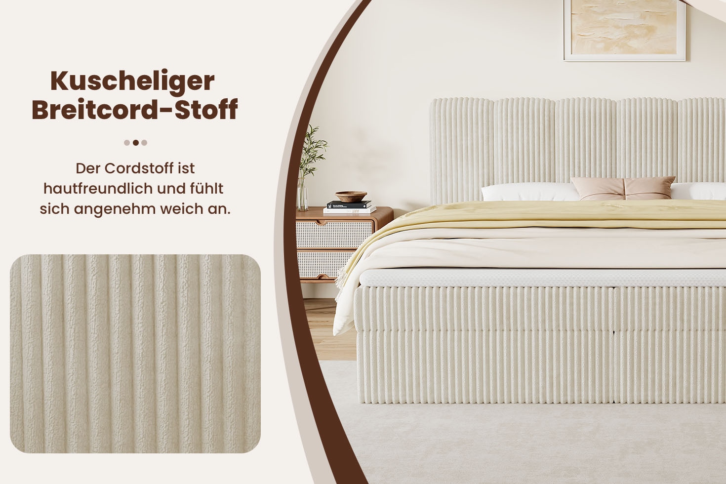 GOODproduct Lit de boxe »SIVVA in der Breite 180cm, flauschiger Breitcord, Farbe: cream« Incl. matelas à ressorts ensachés (H3) & surmatelas (4 cm)
