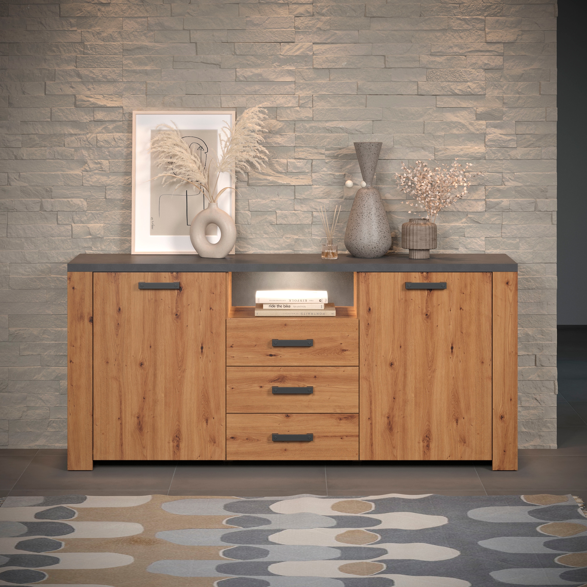 Home affaire Sideboard »Ambres«, (1 St.), Kommode Echtholzoptik, Masse BxH: 180x83 cm, Eiche