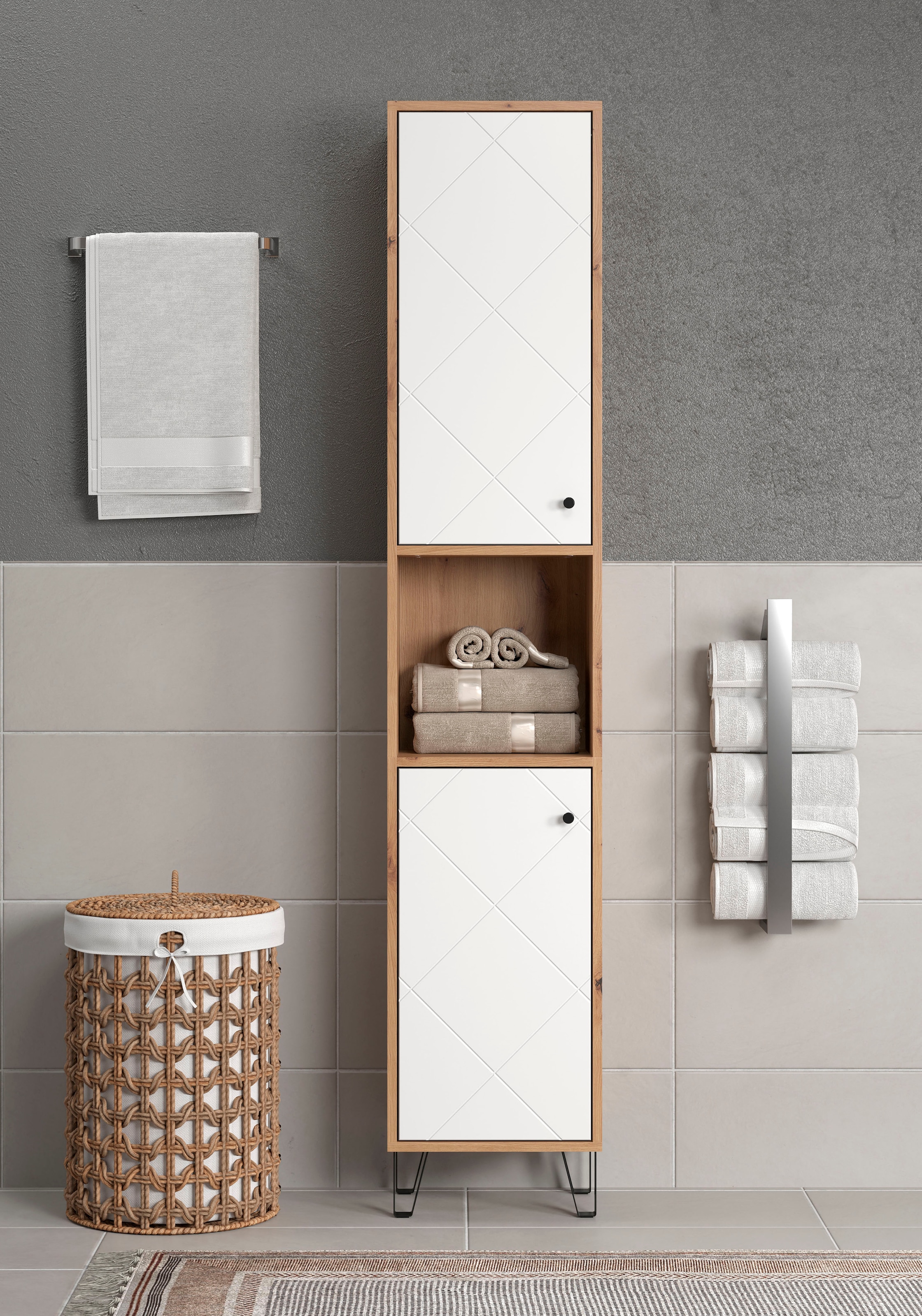 Places of Style Hochschrank »Tarragona«, (1 St.), Breite 36 cm, 2 Türen, Retro Metallfüsse, matt, braune Holzoptik / weiss
