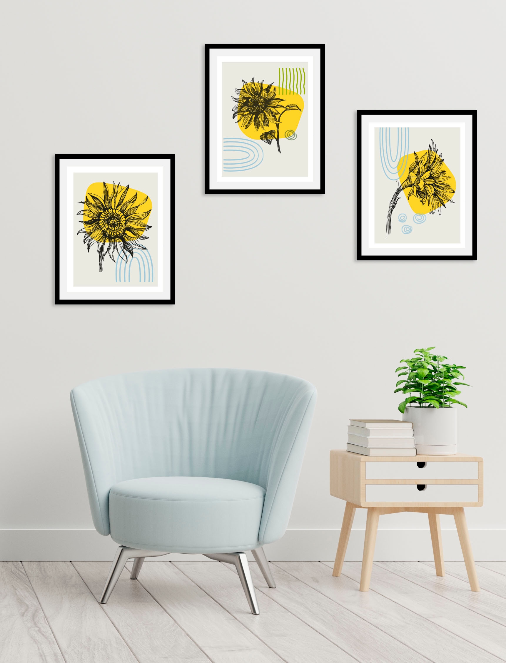 Image of queence Bild "Set Sunflower" Abstrakt Blumen Figuren Kunst Pflanzen Pflanzenbilder 1 Stk. tlg. gerahmt