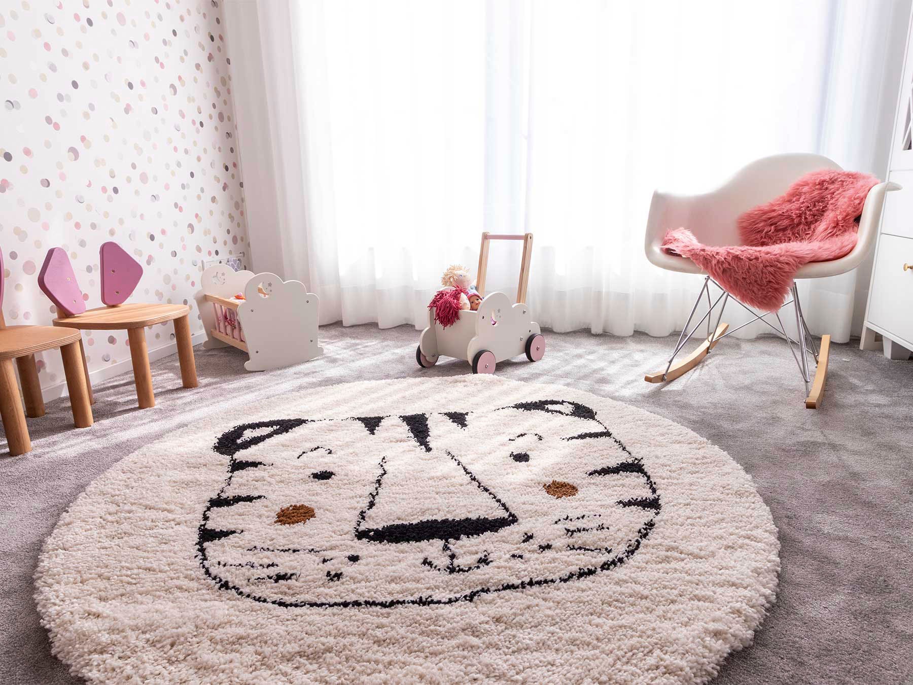 Primaflor-Ideen in Textil Kinderteppich "NOMAD - Whiter Tiger" rund 35 mm Höhe Hochflor, Motiv Tiger, weich & kuschelig, Kinderzimmer