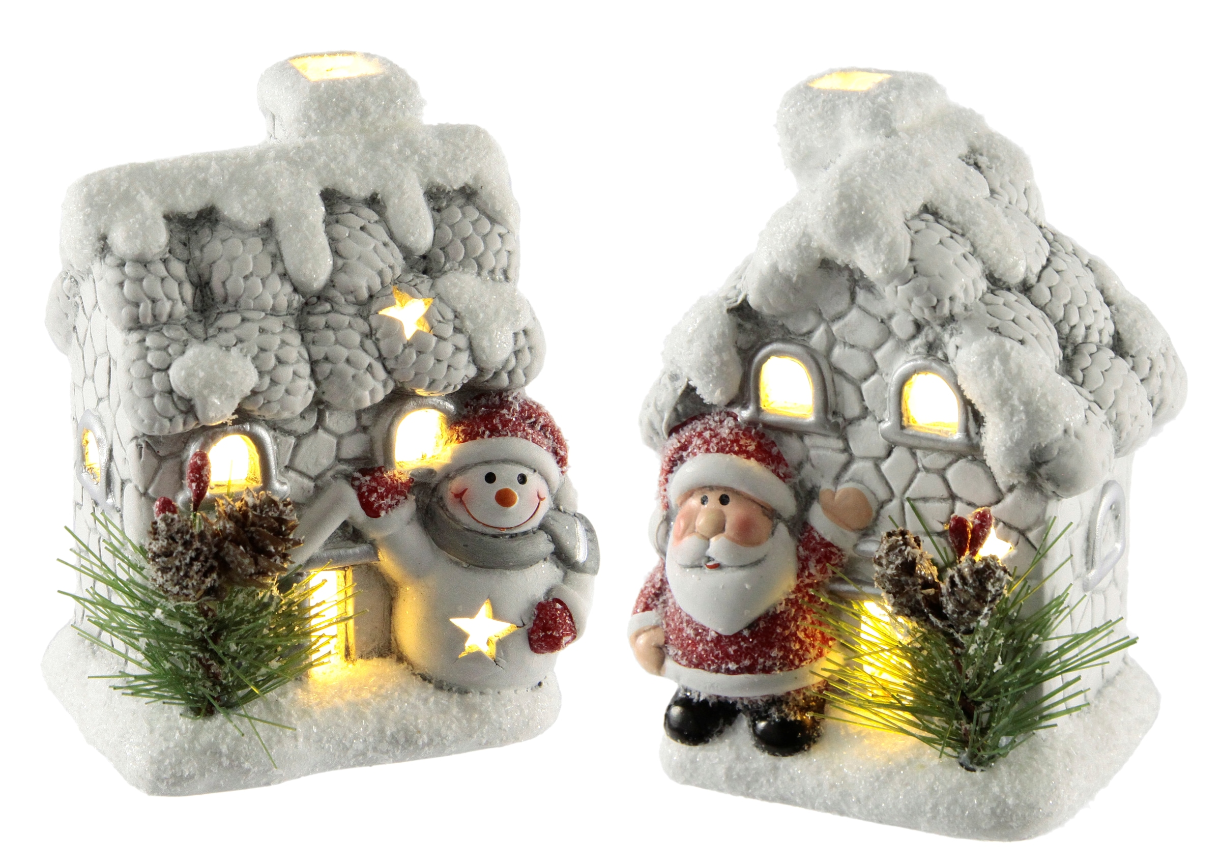 Image of I.GE.A. LED-Dekofigur "Haus mit Schneemann Nikolaus LED-Licht" 2er Set Häuser Deko Lichthaus Weihnachten Weihnachtsdeko Adventsdeko