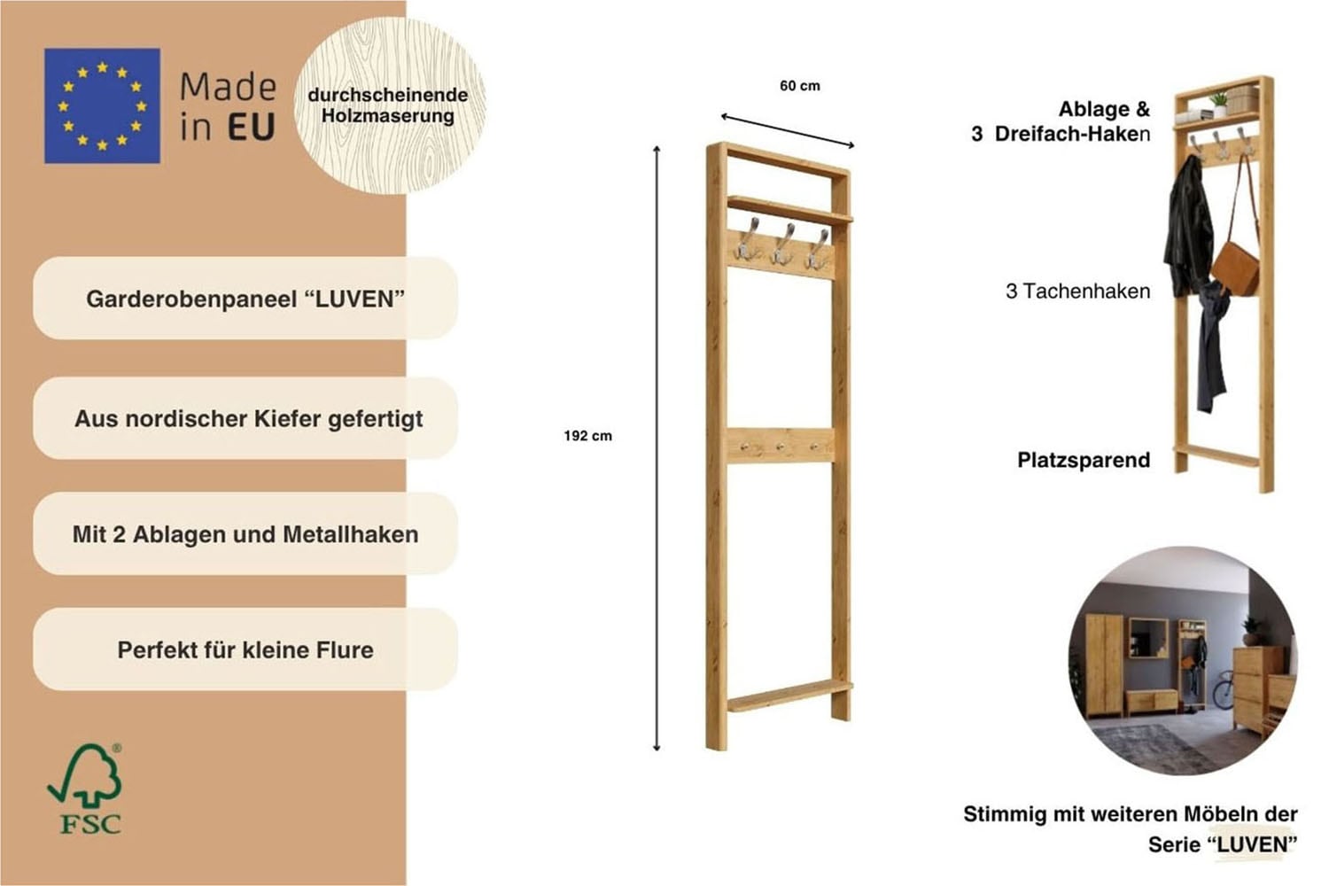 GOODproduct Garderobenpaneel »Luven« FSC® zertifiziertes Massivholz