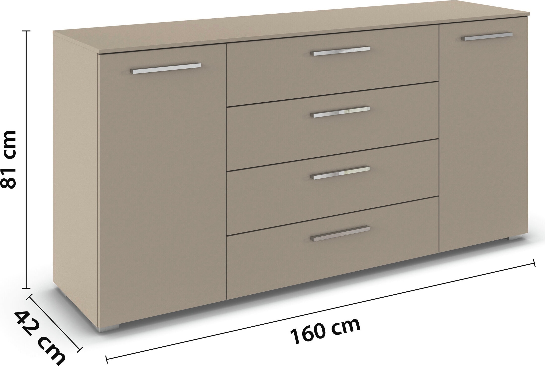 rauch Commode combinée »Sideboard Schubkommode Kommode MONTCLAR Front Dekor/Hochglanz/Glas« Largeur 160 / hauteur 81 cm, 2 étagères, avec fonction soft-close,  2 portes, 4 tiroirs spacieux, nombreuses variantes de poignées MADE IN GERMANY