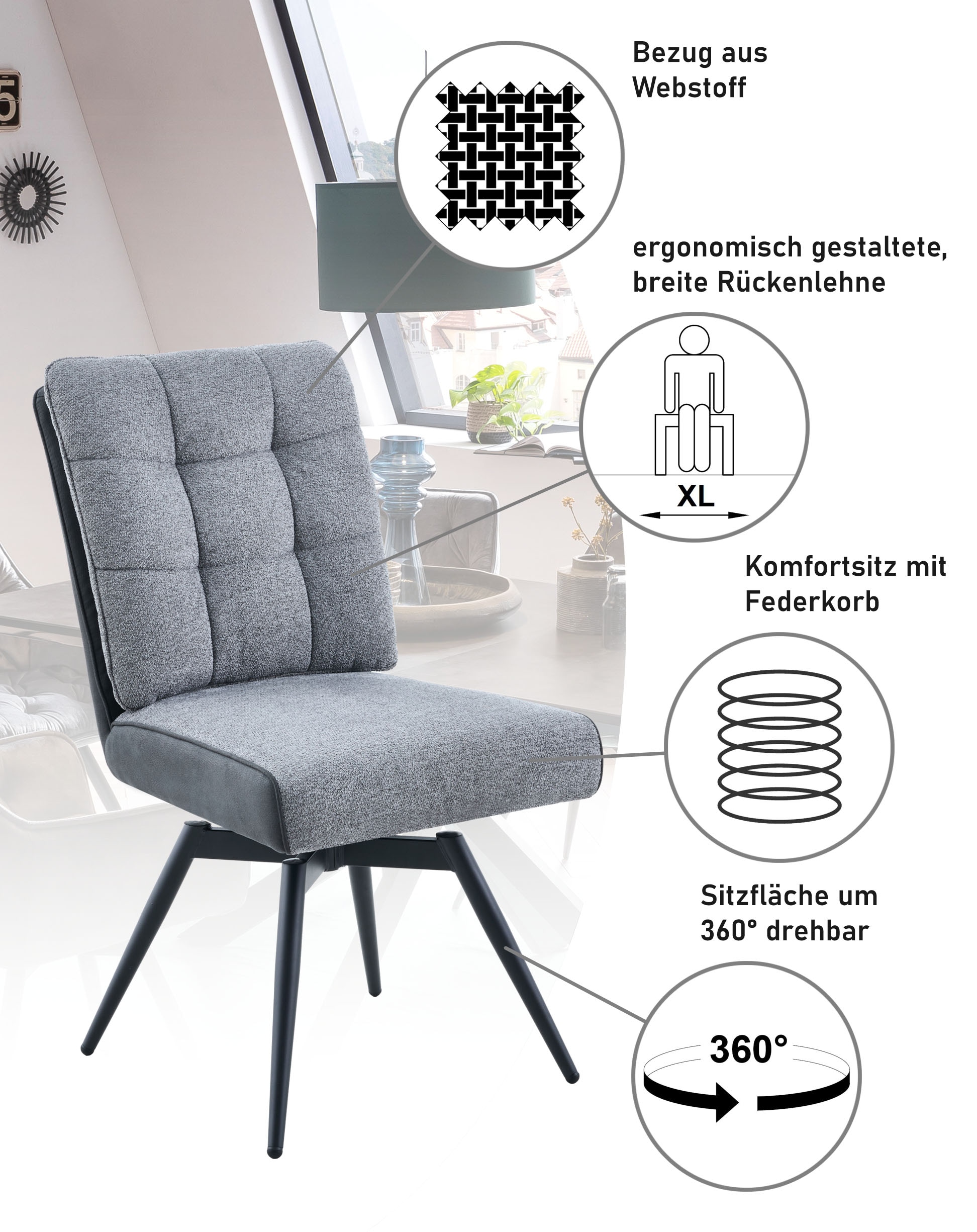 HELA 4-Fussstuhl »TOMAR« () 2 Stk.XL Sitzbreite, 360° drehbar, mit Federkorb, Materialkombi