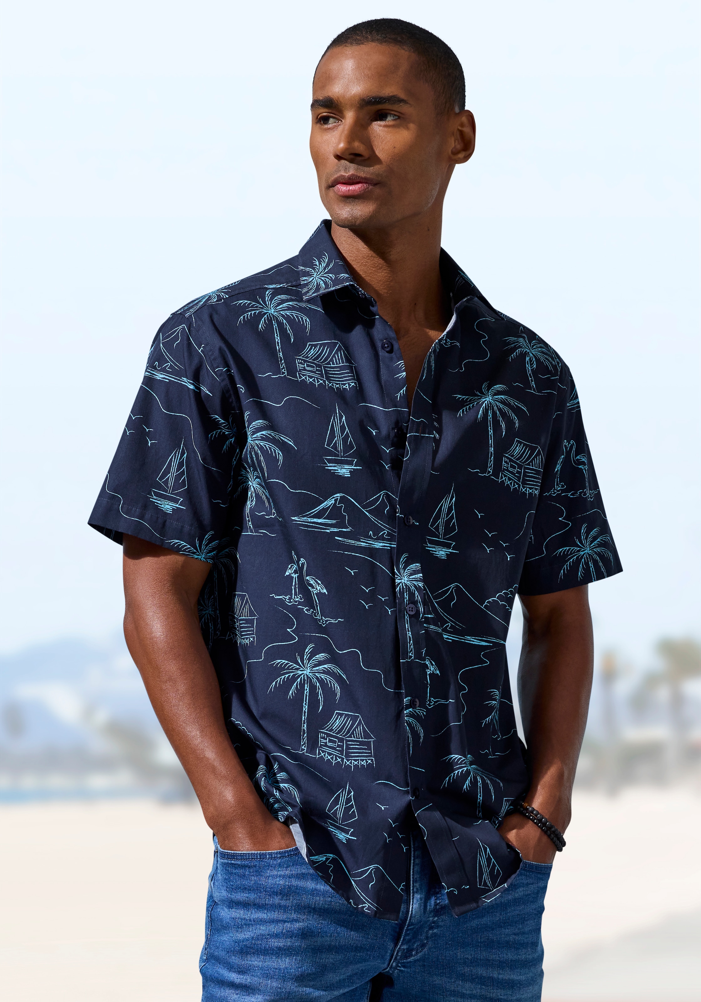 Image of John Devin Hawaiihemd "- Kurzarmhemd mit kontrastfarbigem Palmen Druck" Freizeithemd bis Grösse 5XL