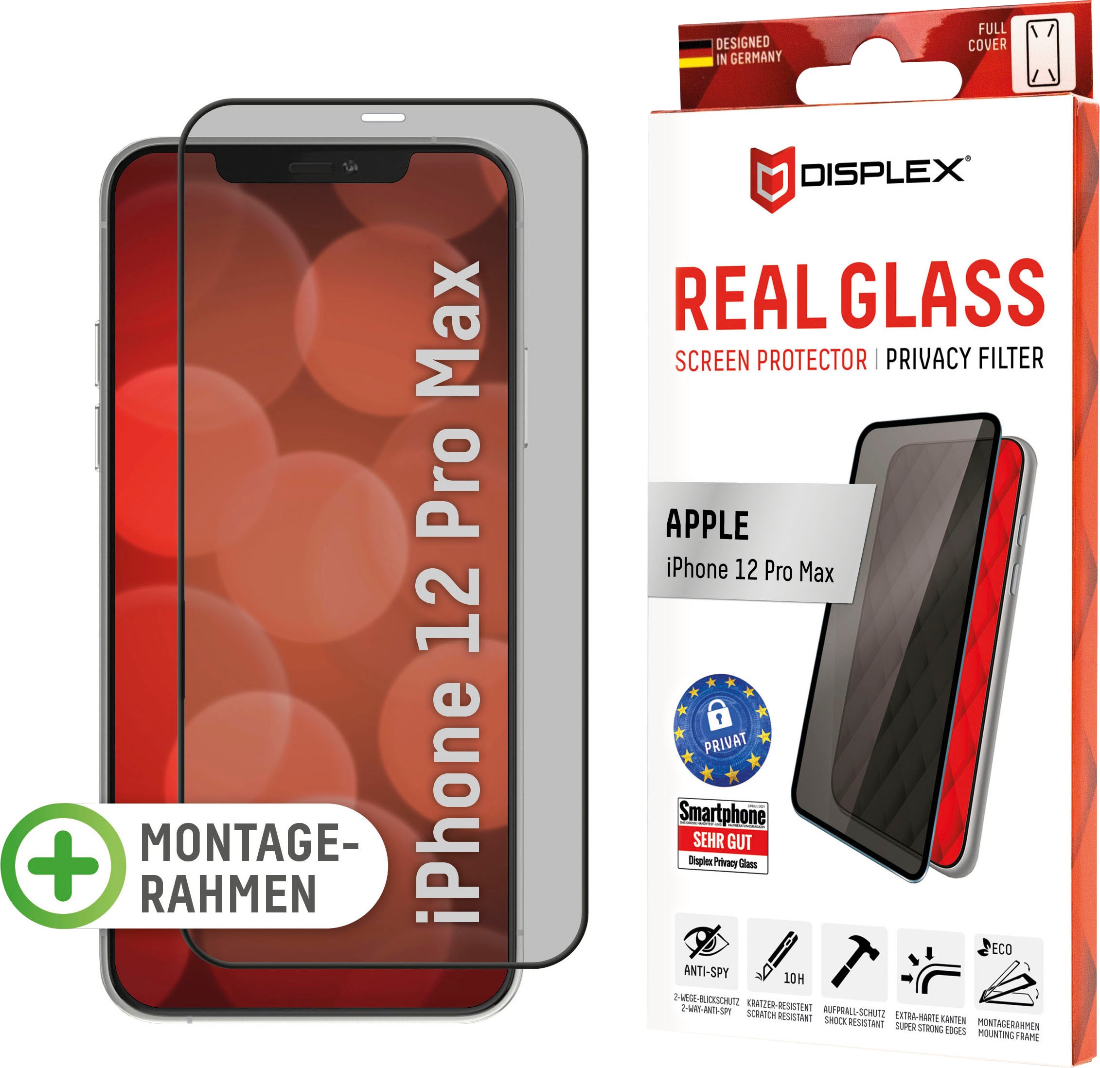 Image of Displex Displayschutzglas »DISPLEX Privacy Glass Panzerglas für Apple iPhone 12 Pro Max (6,7"), 10H Tempered Glass, mit Montagerahmen, Full Cover«, für Apple iPhone 12 Pro Max bei Ackermann Versand Schweiz