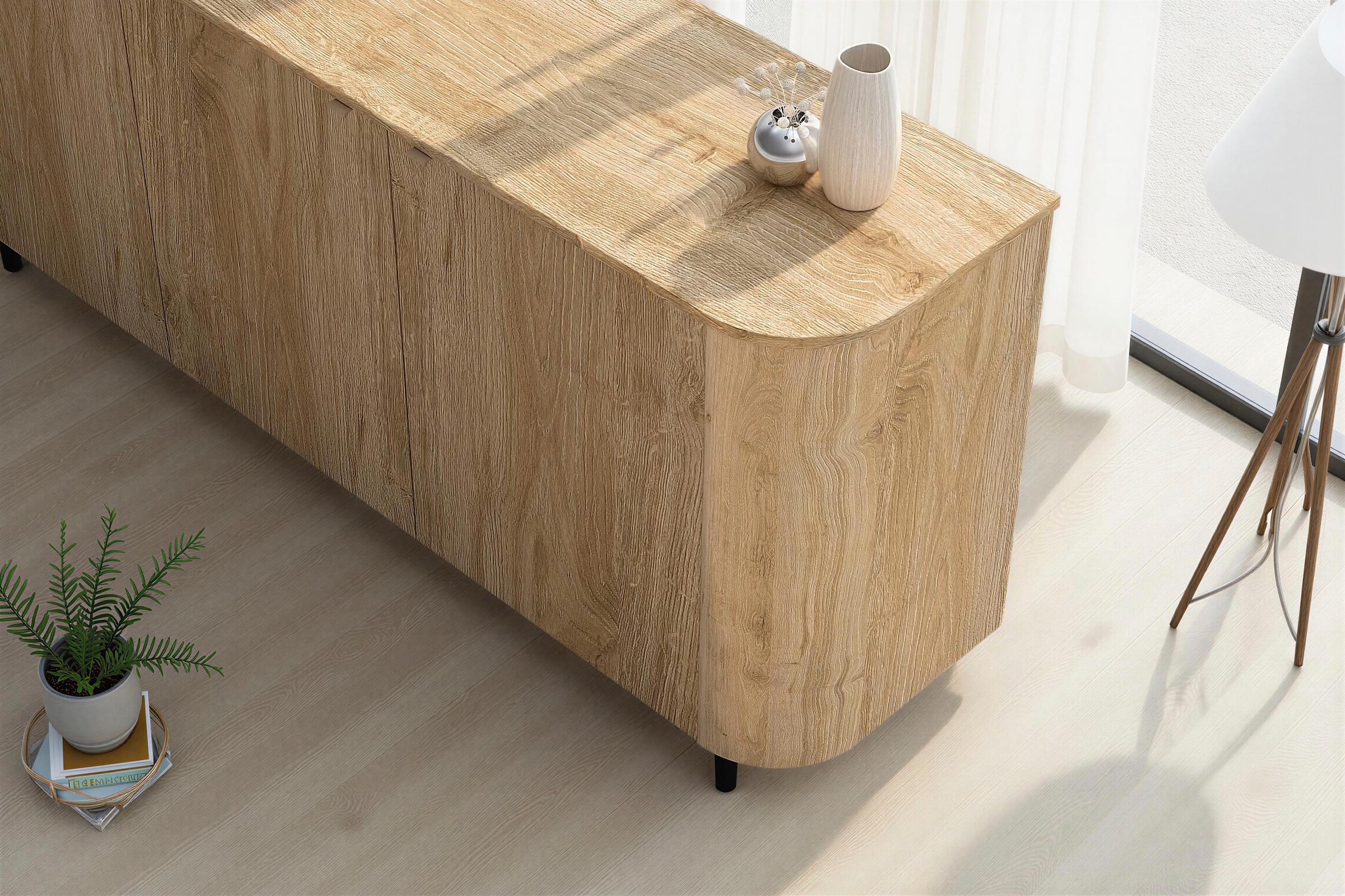 Home affaire Sideboard »Murano, 181 cm breit, 3 Türen, Anrichte, Kommode, Stauraumschrank« Formgebogenes MDF, Stirnseiten mit Rundung, Füsse und Griffe aus Metall