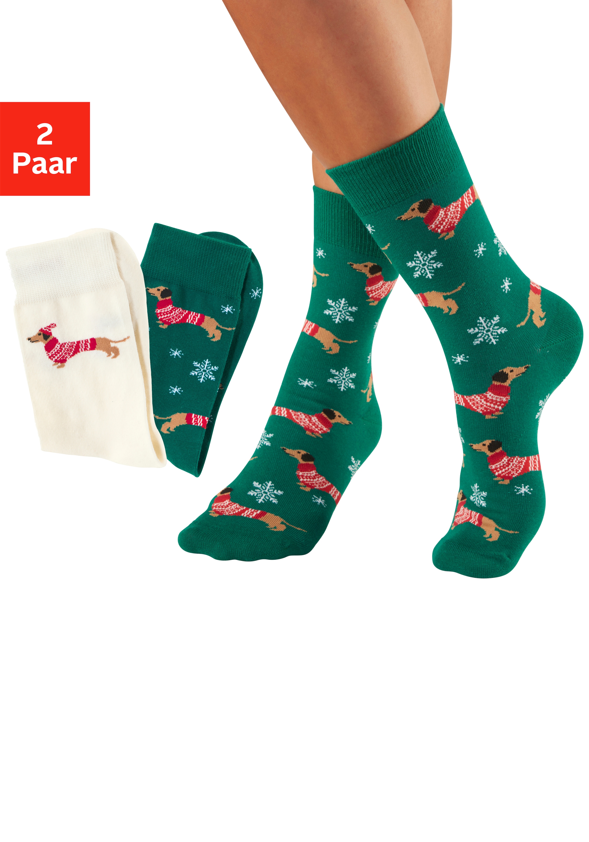 Image of LASCANA Freizeitsocken "Damen Weihnachtssocken Dackel" Packung, 2 Paar tlg. mit festlichen Dackelmotiven