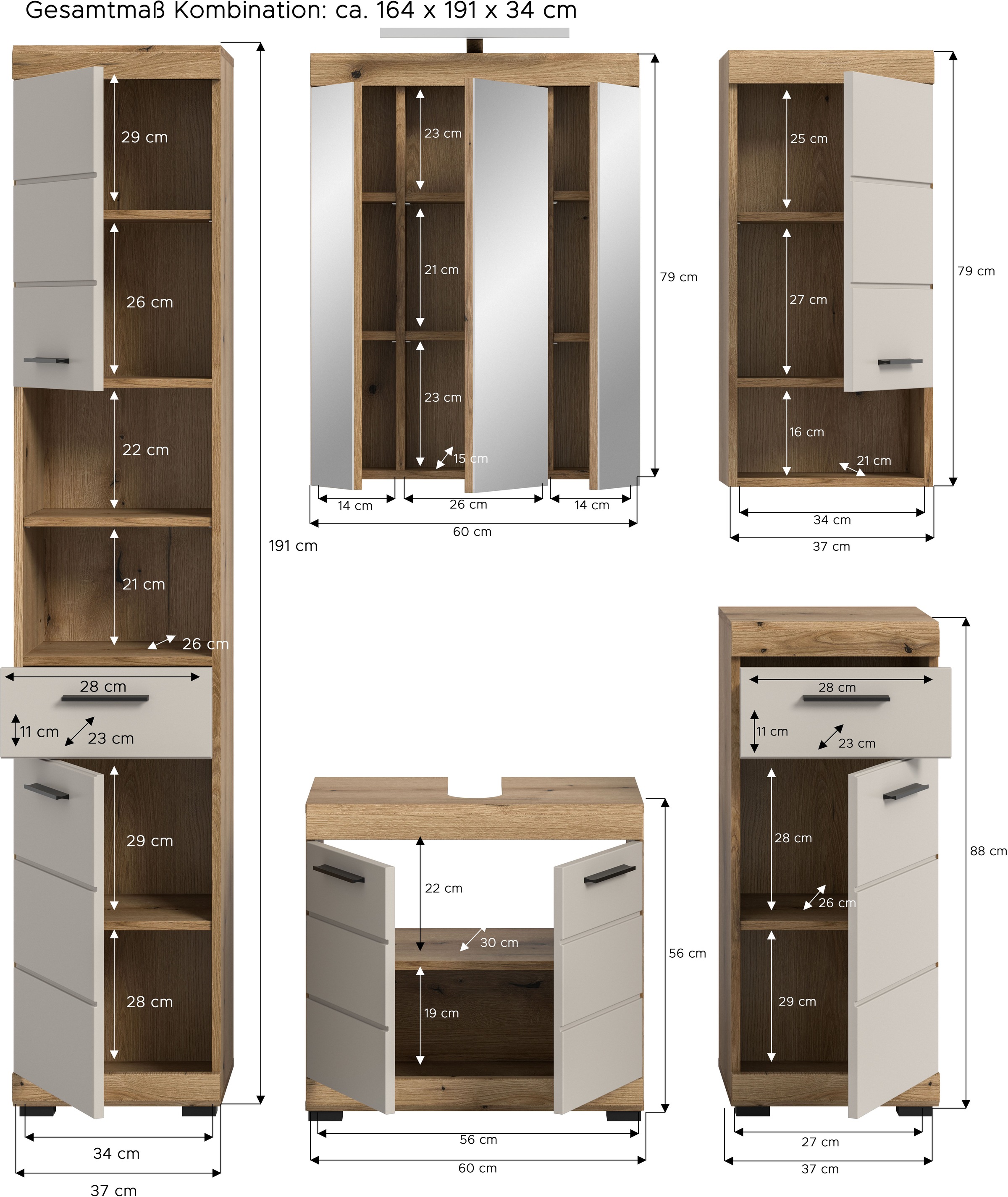 welltime Badmöbel-Set »Siena, 5 teilig, inklusive LED Beleuchtung, bestehend aus:« Set, TOPSELLER!, 5 Stk. tlg.