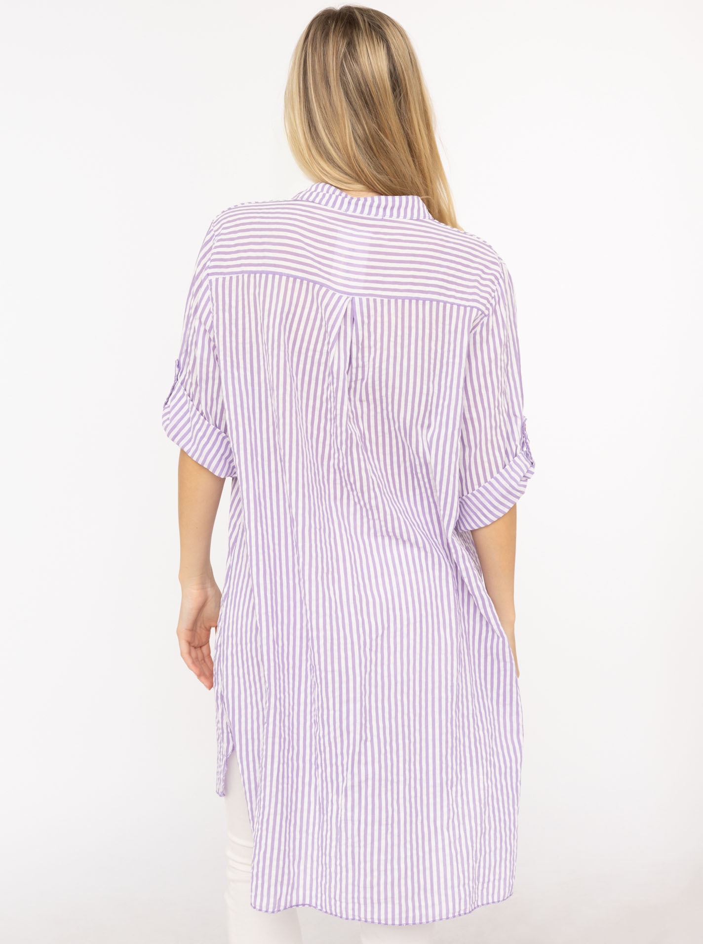 Zwillingsherz Chemisier long »"Kida"« taille unique, rayures, patte de boutonnage, poches poitrine, manches 3/4