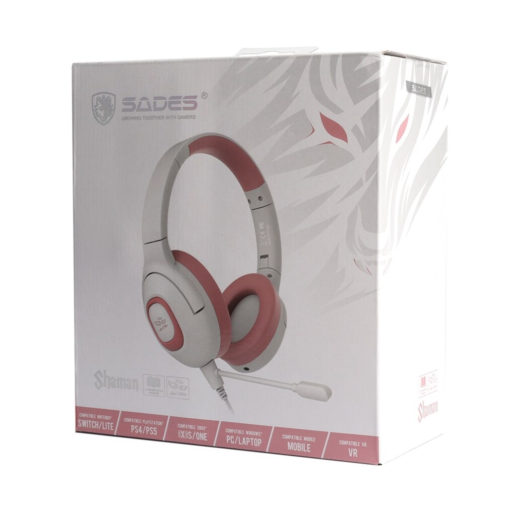 Sades Gaming-Headset »Shaman SA-724 Gaming Headset, weiss/pink, USB, kabelgebunden«, Mikrofon abnehmbar, Stereo, Over Ear, PC, PST, XBox, Nintendo Switch, VR, Phone