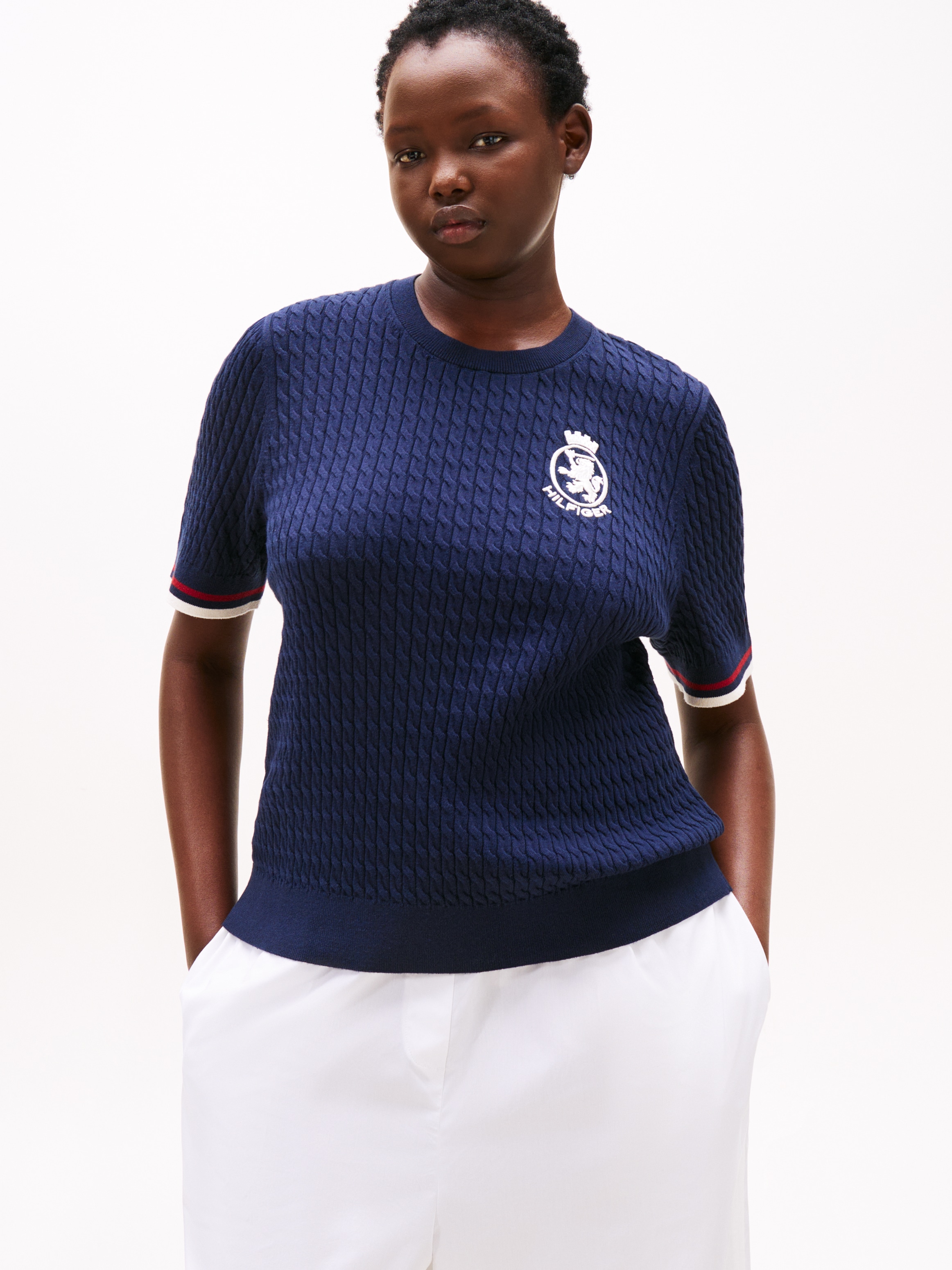 Image of Tommy Hilfiger Curve Strickpullover "CRV CO CABLE FINE GG GPC SS SWT" in grossen Grössen, mit Zopfmuster