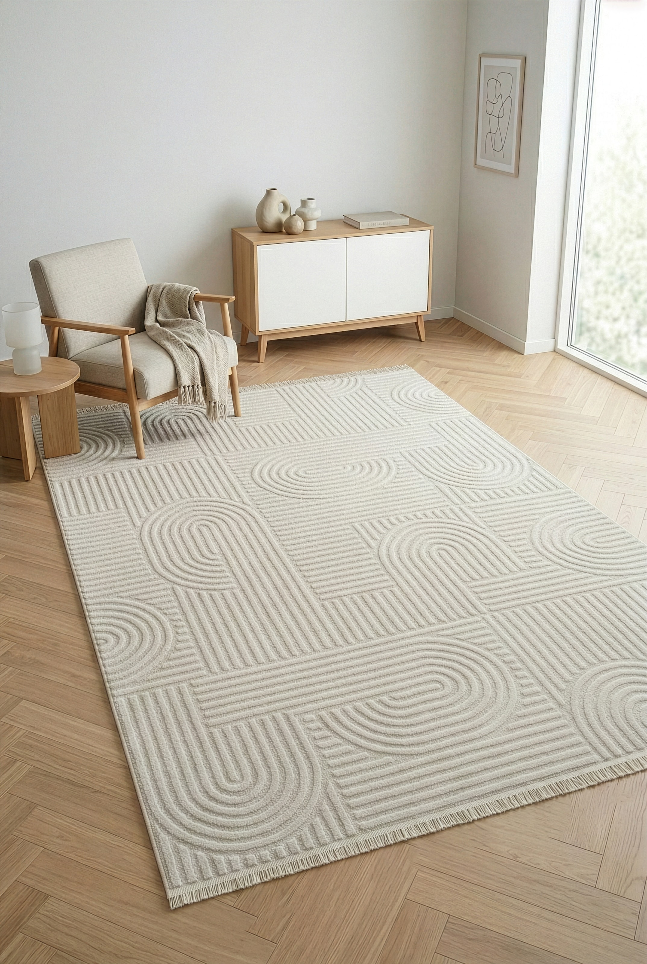 GOODproduct Teppich »Jonnis, mit Fransen, Boho-Design, Scandi, Designteppich« rechteckig 9 mm Höhe Hoch-Tief, 3D Optik, skandinavischer Stil, Wohnzimmer, Schlafzimmer