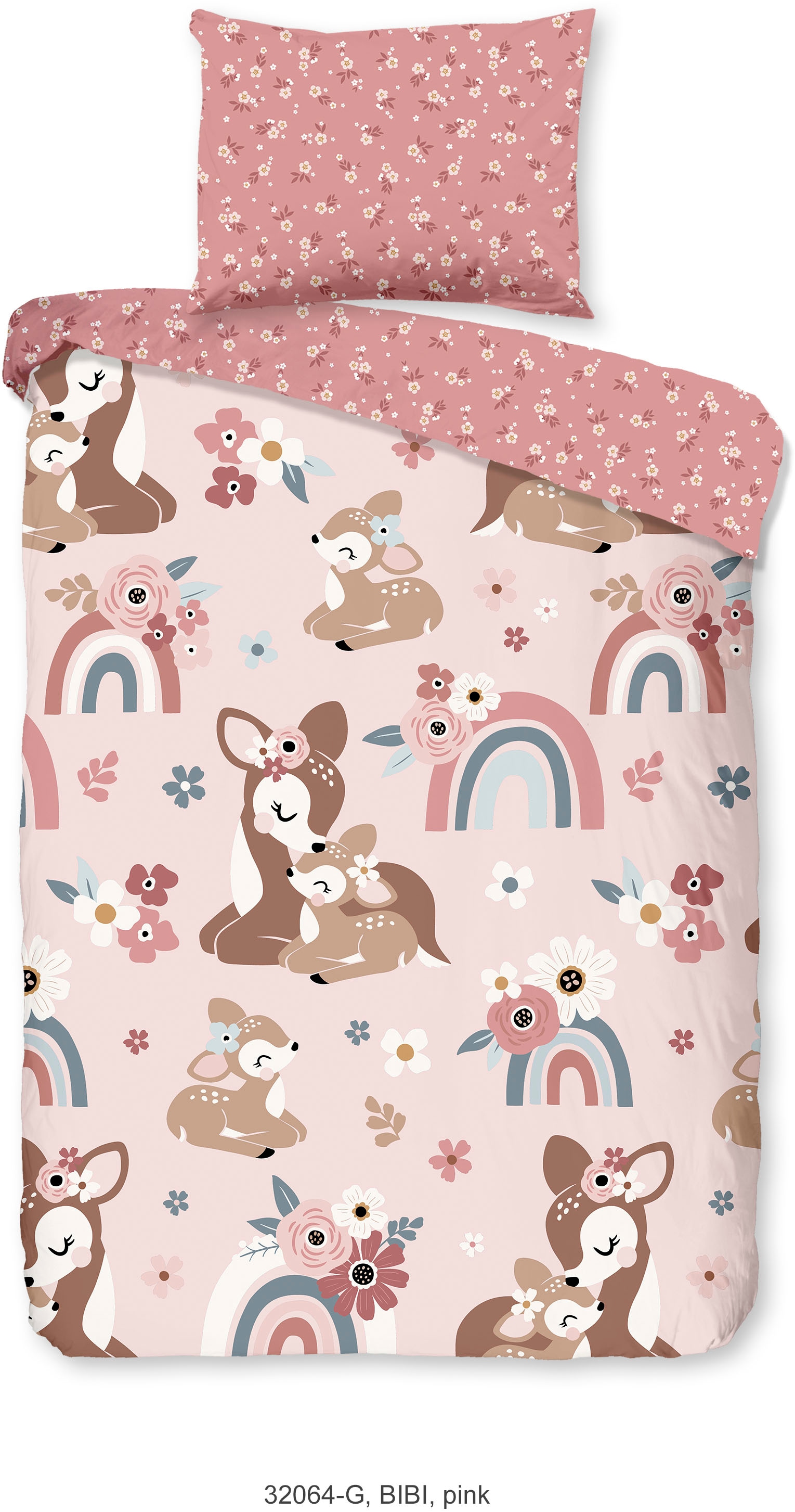 good morning Babybettwäsche »Bibi blossom«, Baumwolle, 120x150, Reissverschluss, Wende, Baby, Mädchen, Bambi, Rosa
