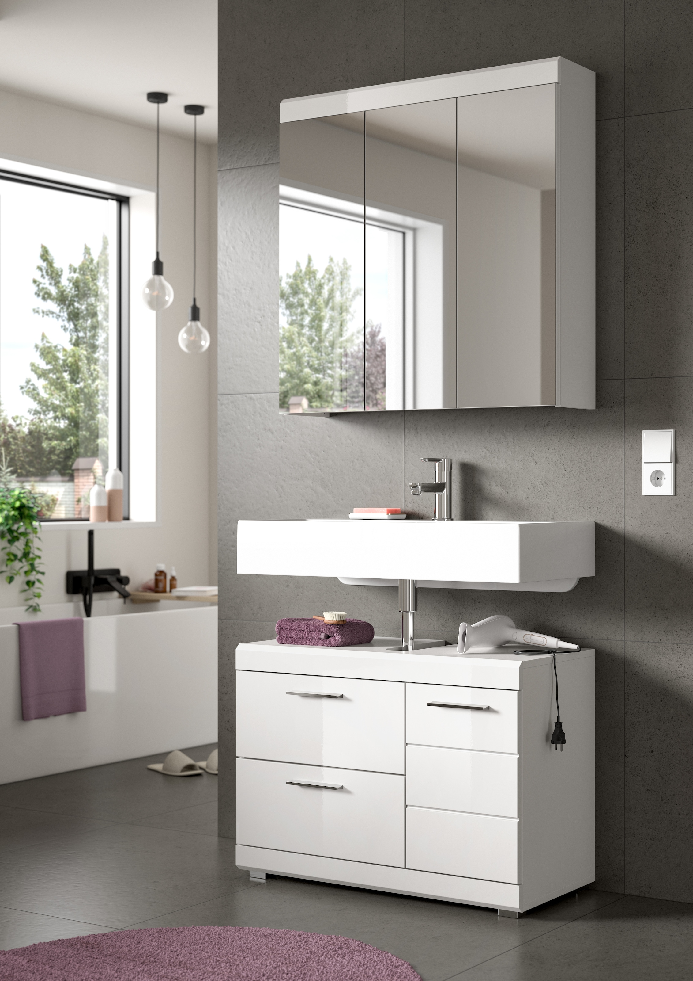 welltime Ensemble de meubles de salle de bain »SIENA, 2-teilig, Waschbeckenunterschrank & Spiegelschrank, MDF-Front«