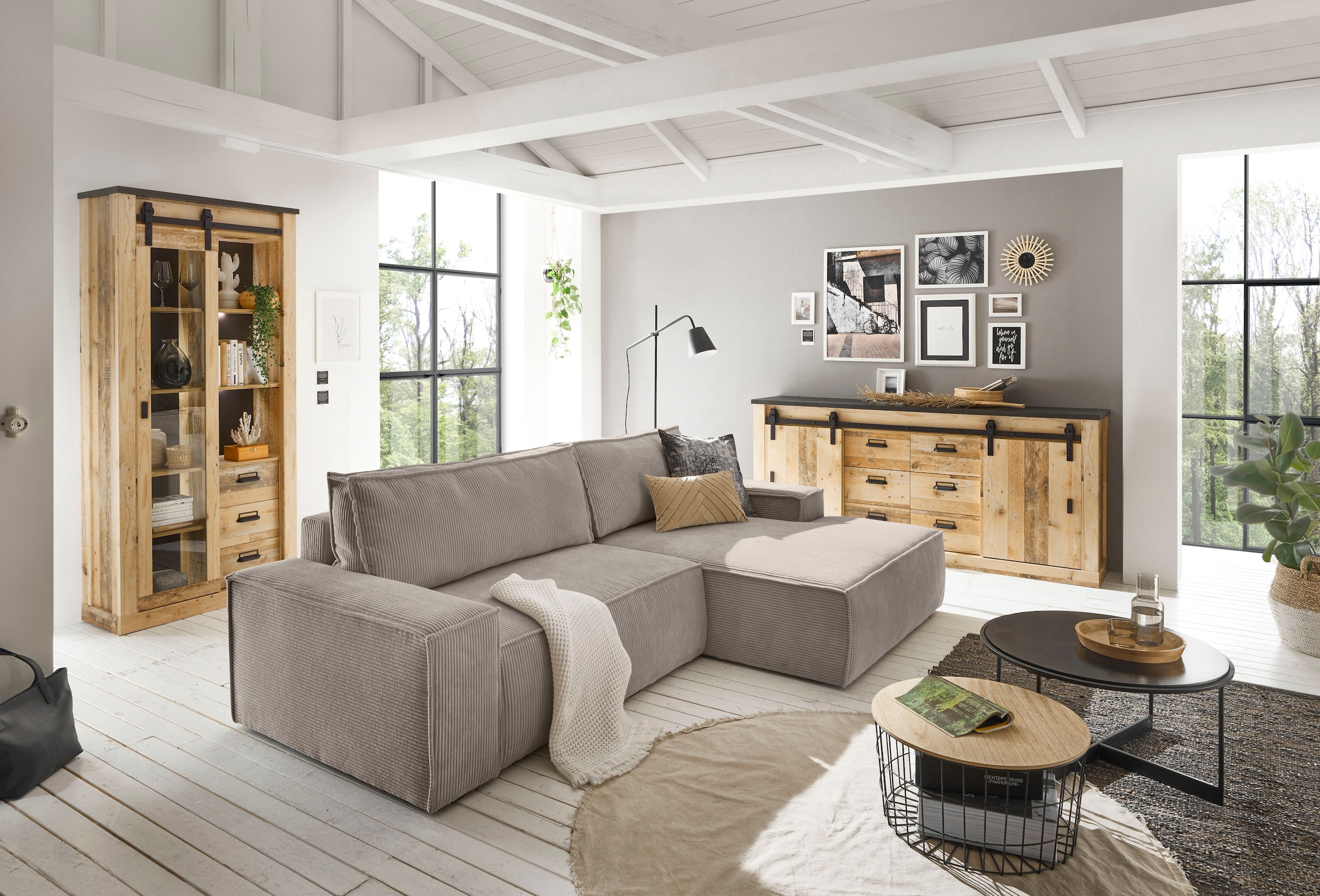 Home affaire Canapé d'angle »SHERWOOD Schlafsofa 267 cm, L-Form,« Schlaffunktion mit Bettkasten (210x136 cm), Cord, Vintage, Samtvelours