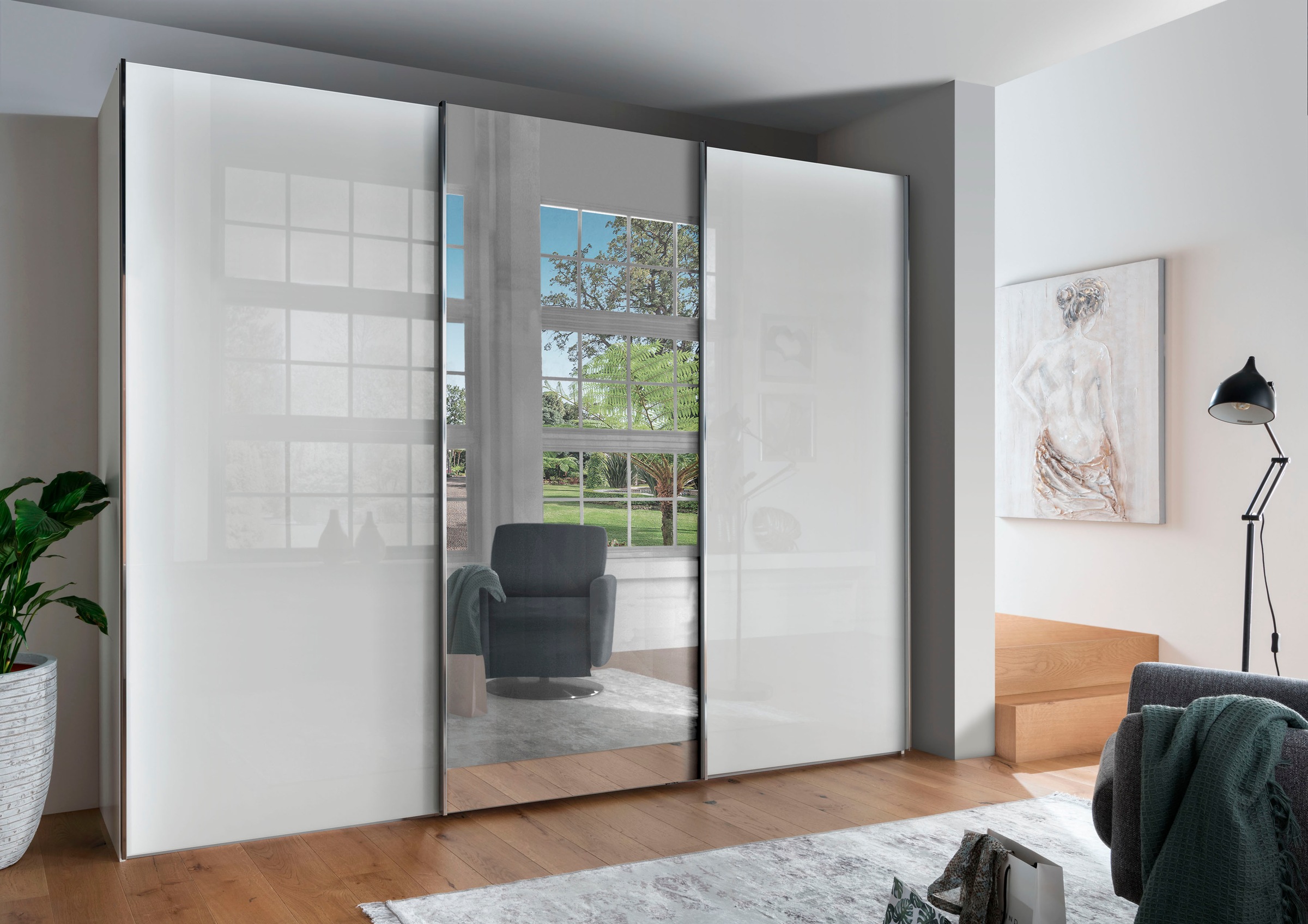 WIEMANN Schwebetürenschrank »Monaco, Kleiderschrank, Schrank, Wäscheschrank, mit Schiebetüren«, (2 Breiten, 2 Höhen 216/236 cm auswählbar, MADE IN GERMANY), hochwertige Glas- und Spiegelfront, variable Inneneinteilung