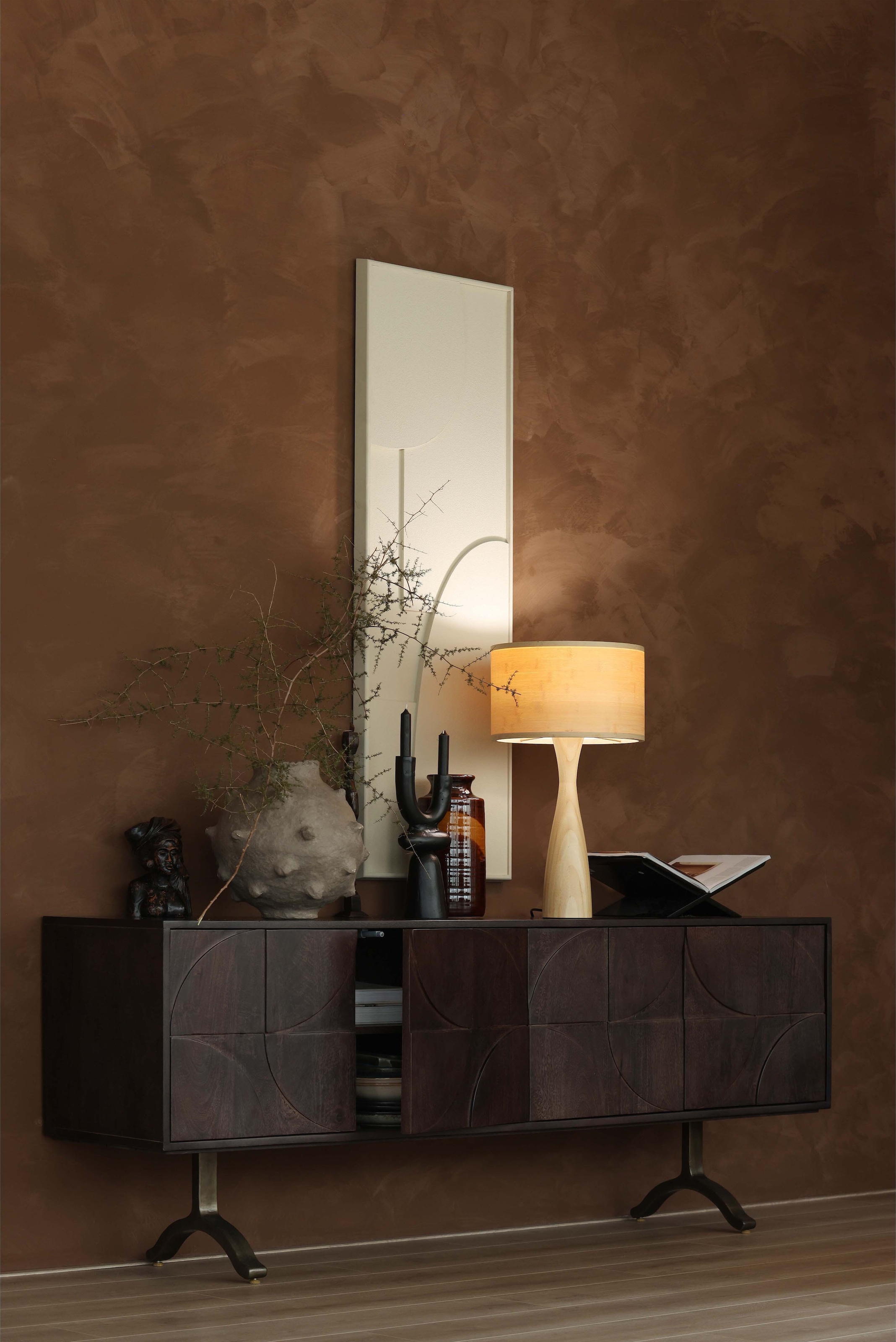 WOOOD Sideboard »Draw mit Massivmangoholz und 3D-Türmuster B 180 x T 40 x H 70 cm« 2 Kabelöffnungen, Tragkraft Deckplatte 35 kg, einfach zu montieren