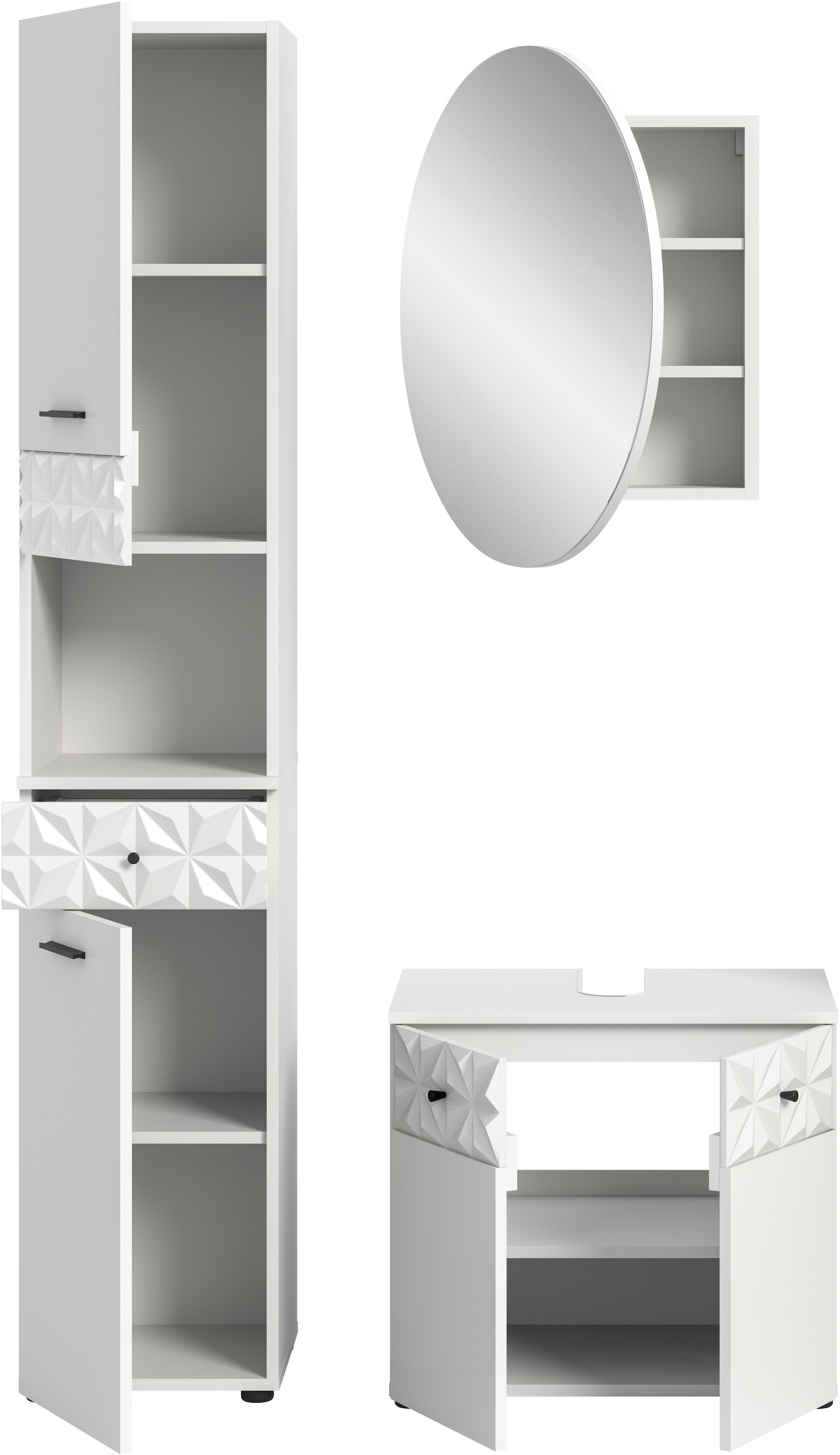 INOSIGN Ensemble de salle de bains »VICENZA, TOPSELLER!, Breite 110cm, 3-teilig, mit Ornamentabsetzung« best. aus: Hochschrank, Waschbeckenunterschrank und Spiegelschrank, 