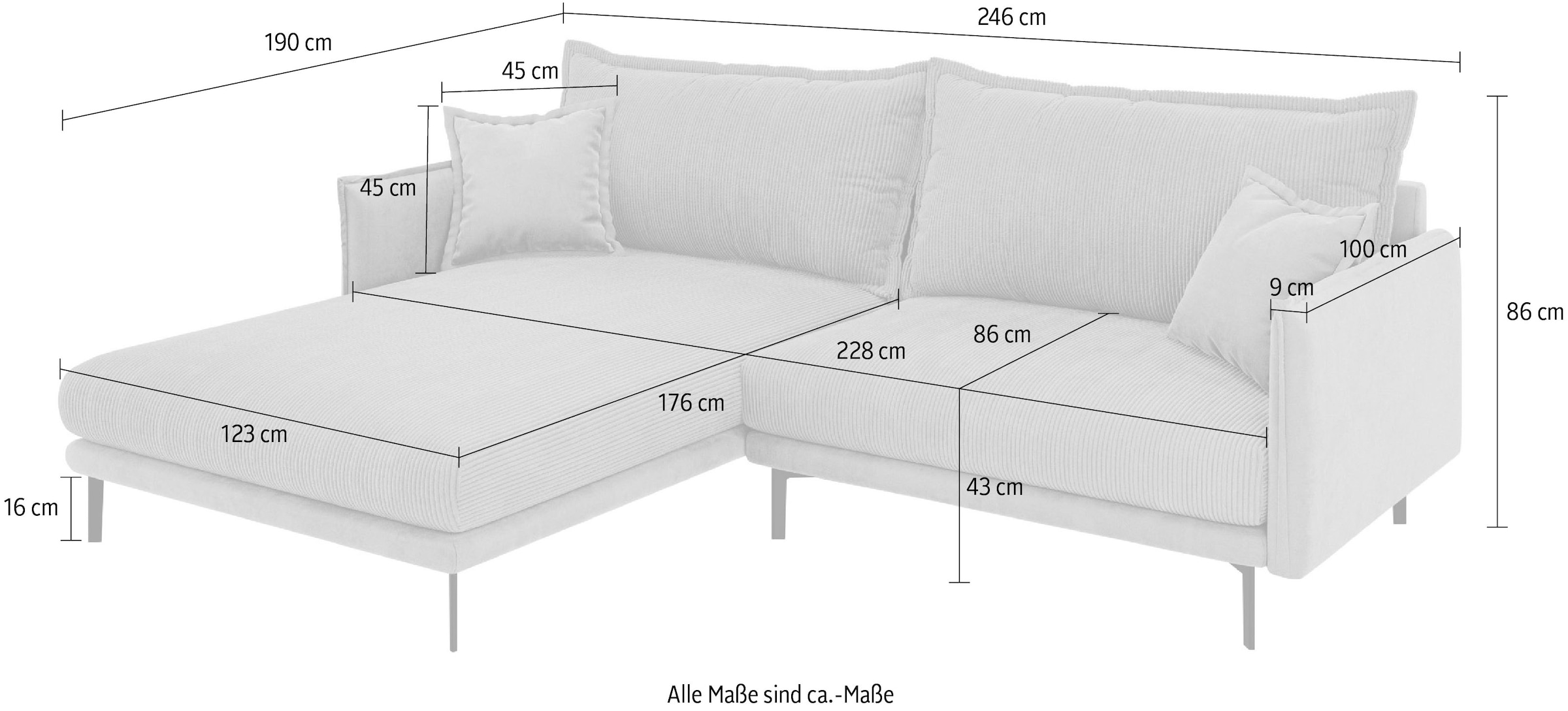 Home affaire Canapé d'angle »ALEXANDRIA mit Recamiere rechts oder links bestellbar, moderne Bezüge« L-Form mit Wellenunterfederung, Masse: B/H/T 246/86/190 cm